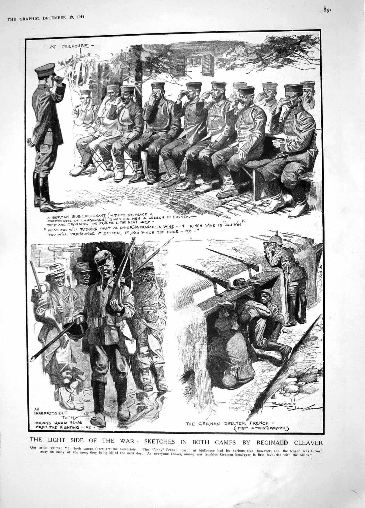 Original Old Antique Print 1914 Siers War Mulhouse German Shelter Trench Tommy