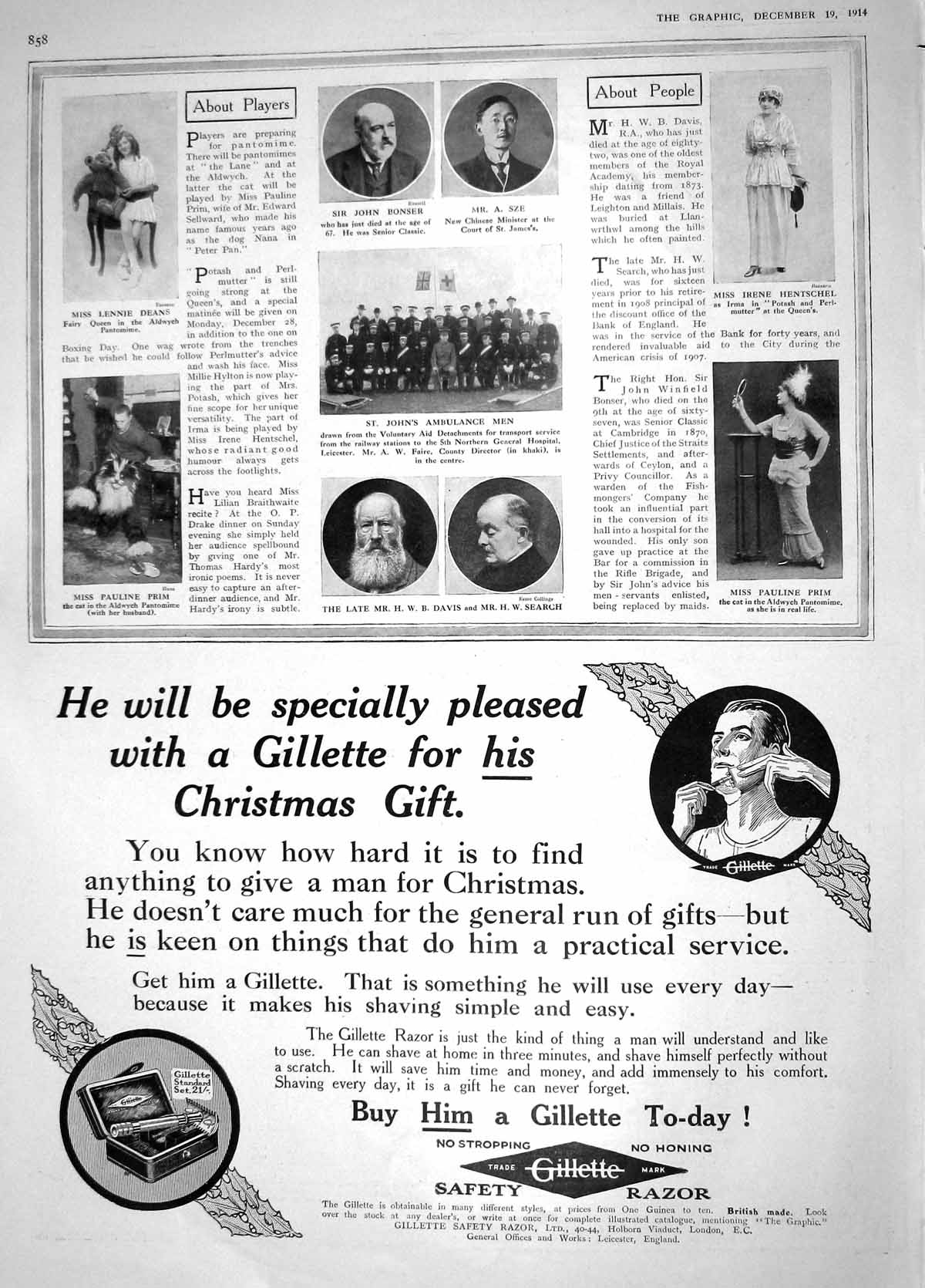 Old Antique Print 1914 Bonser Sze Davis Prim Hentschel Prim Deans Theatre 20th