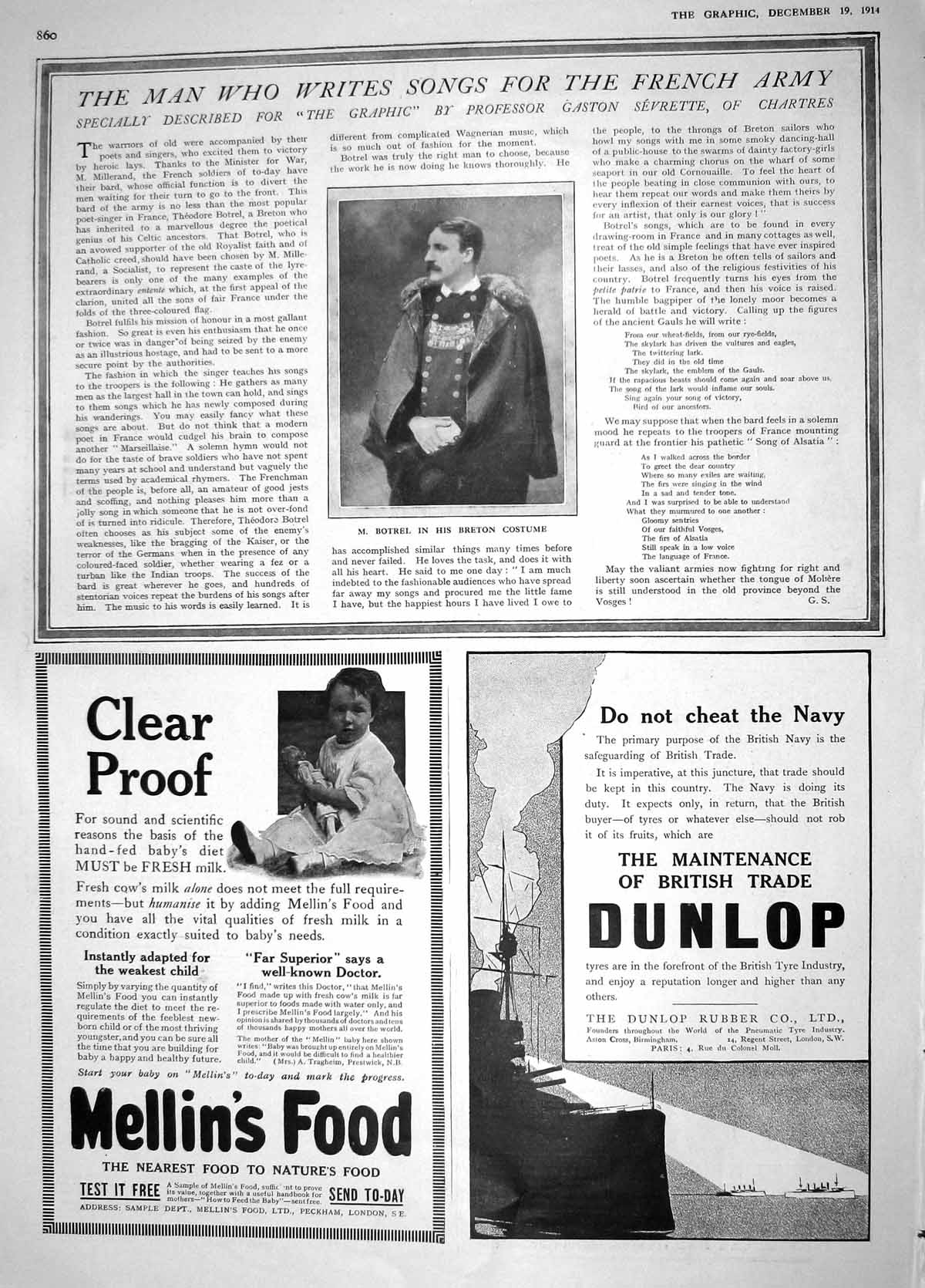 Old Antique Print 1914 Portrait Botrel Breton Costume Mellins Food Dunlop 20th