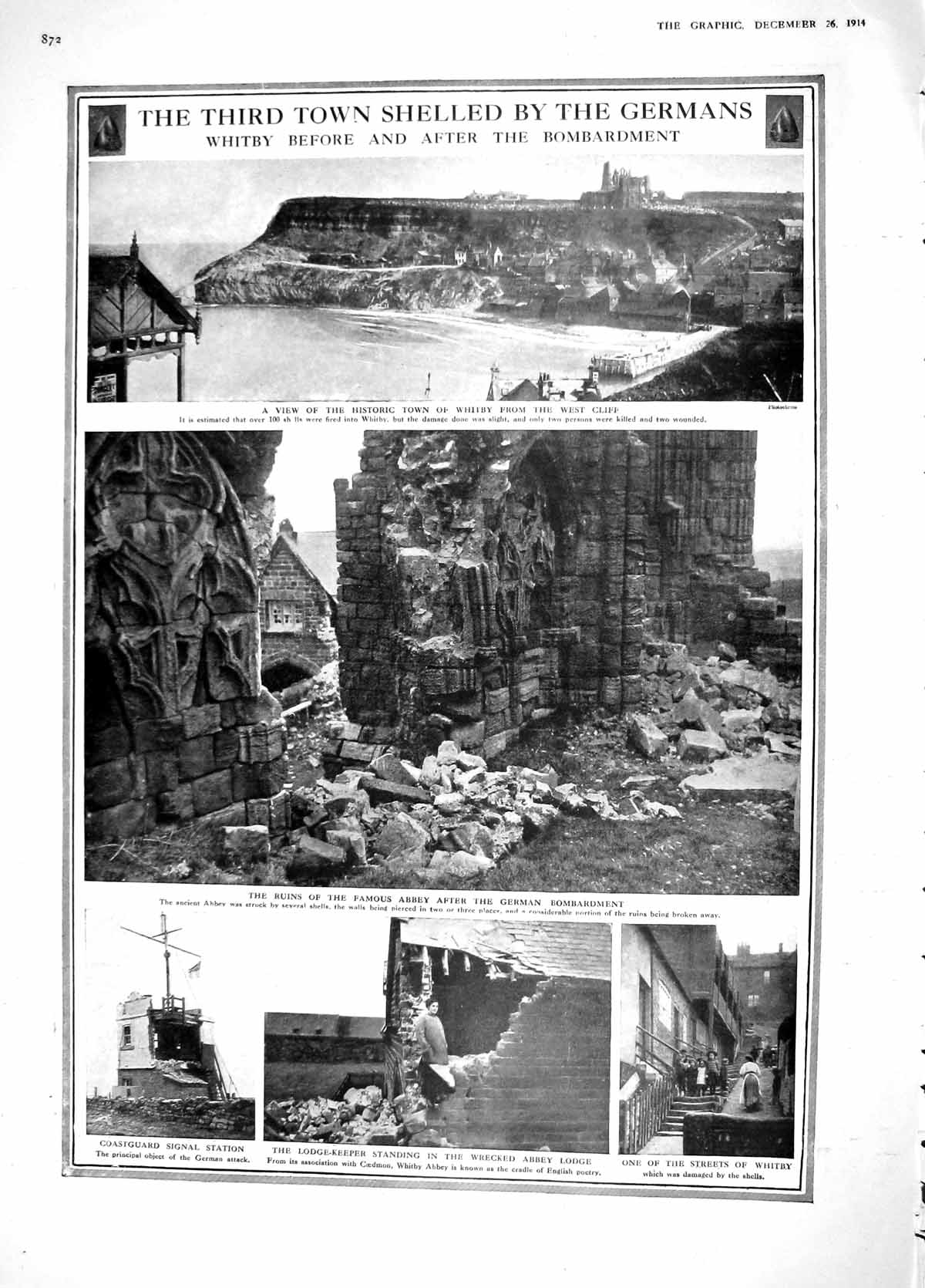 Original Old Antique Print 1914 Whitby Abbey German Bombs War Raid Scar 20th