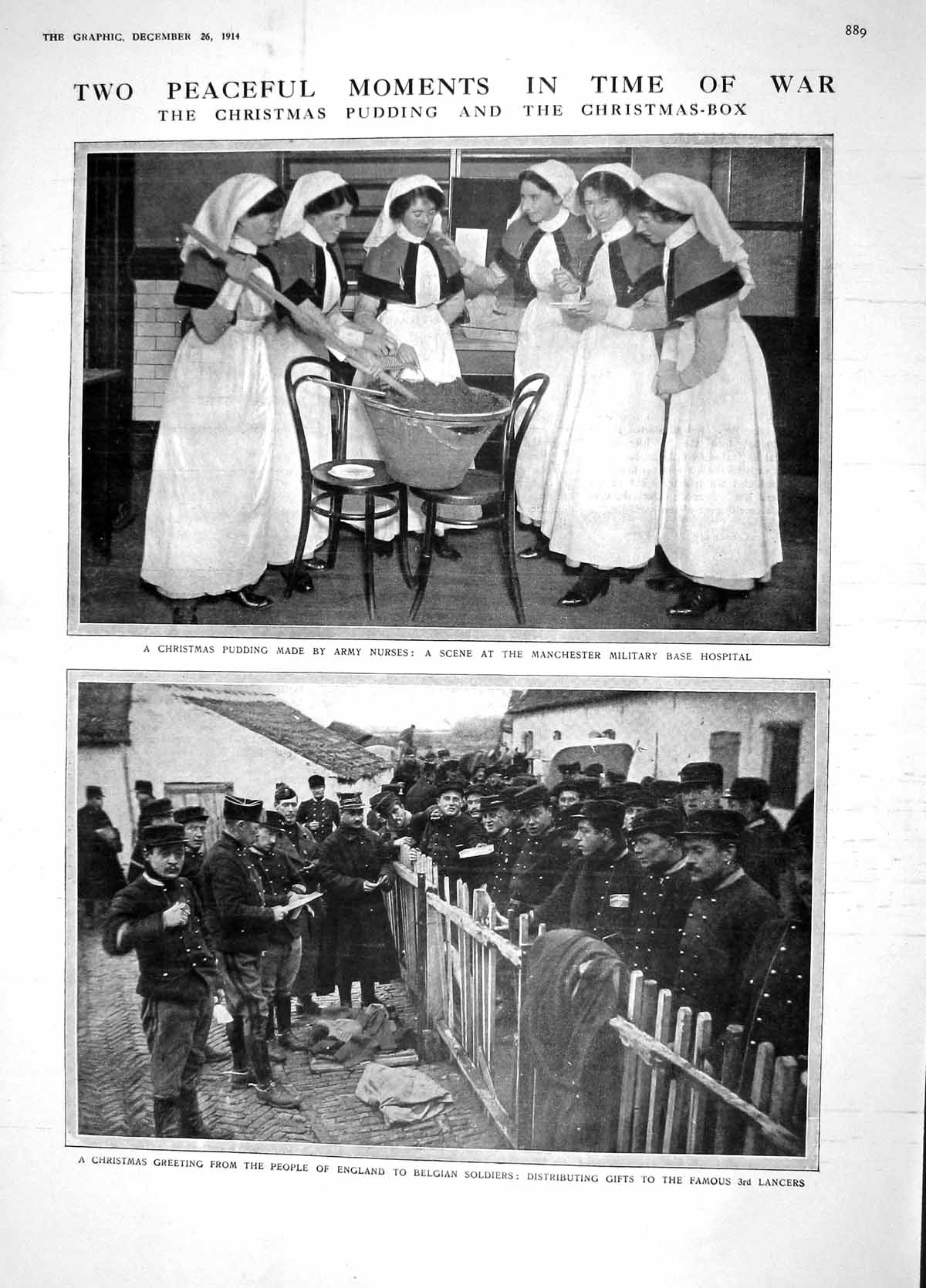Old Antique Print 1914 Christmas Pudding Army Nurses Manchester Belgian 20th