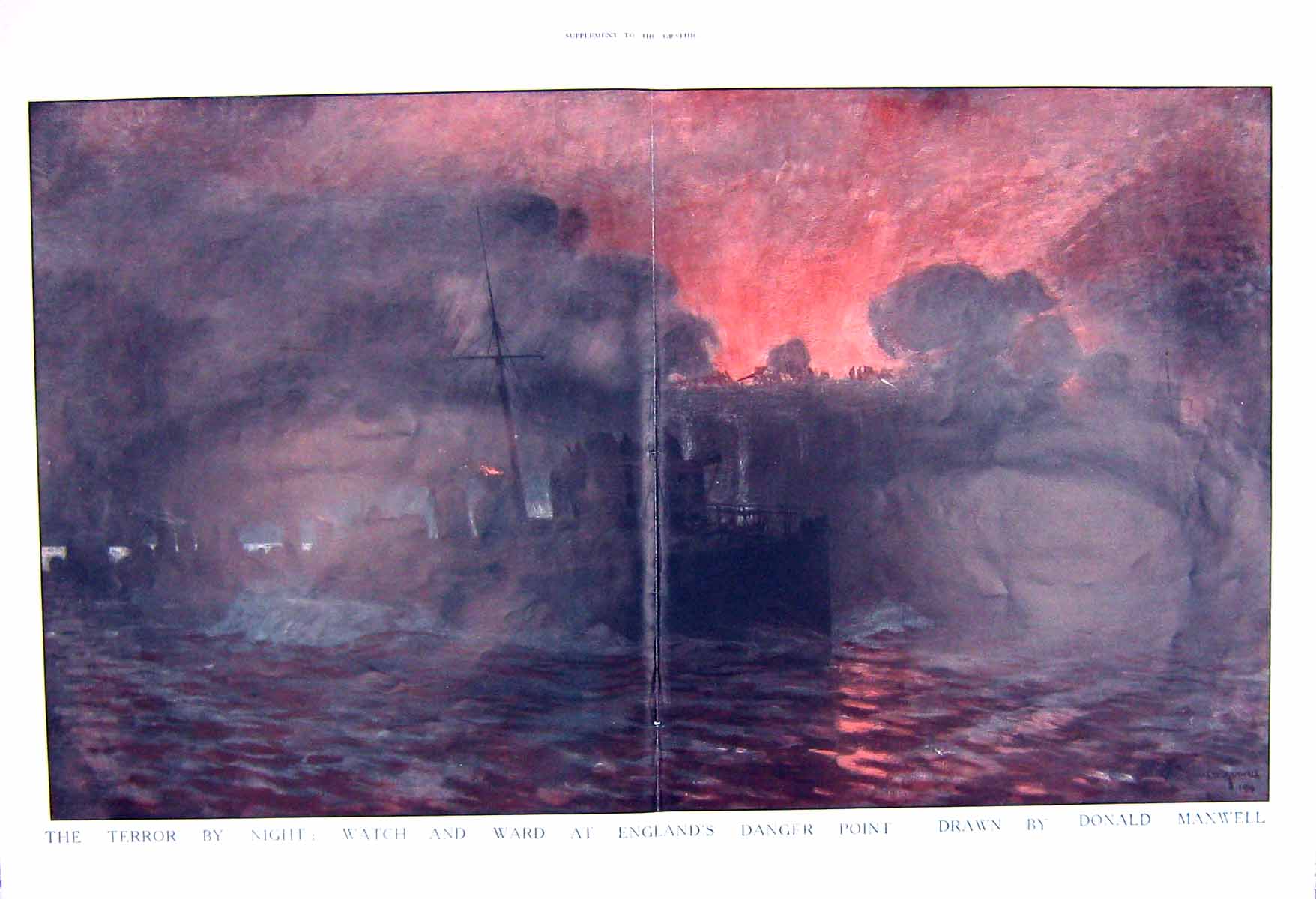 Original Old Antique Print 1914 Colour War Ships England Donald Maxwell 20th
