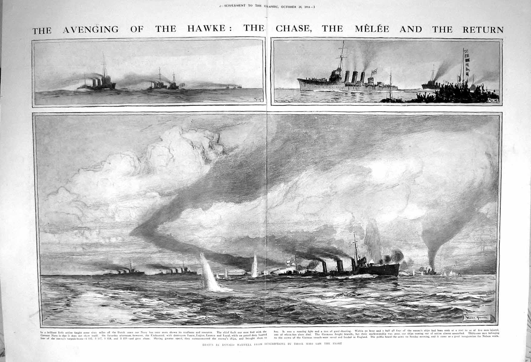 Original Old Antique Print 1914 Hawke War Ships Lennox Lance Legion German