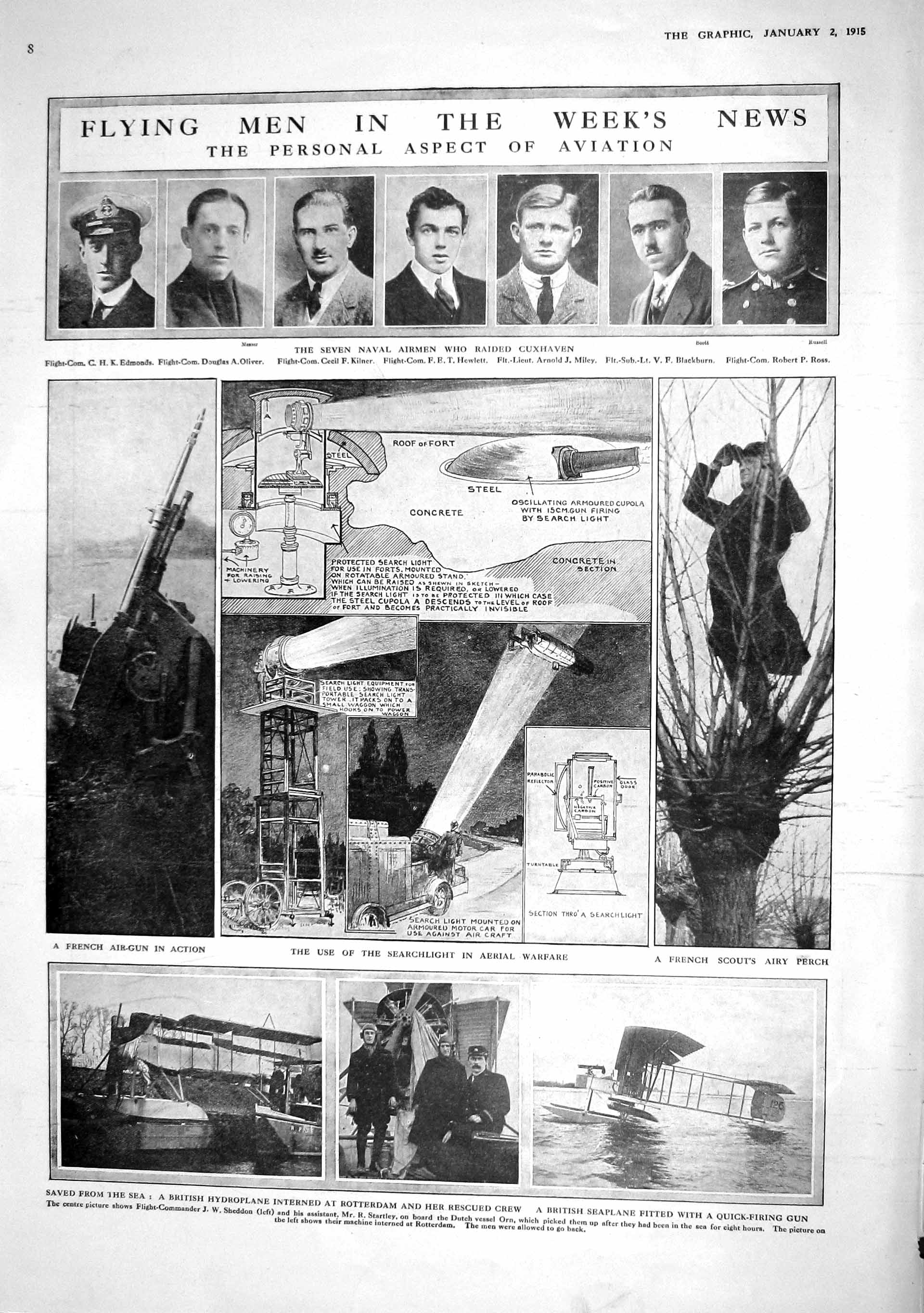 Original Old Antique Print 1915 Naval Airmen Blackburn Hydroplane Zeppelin War