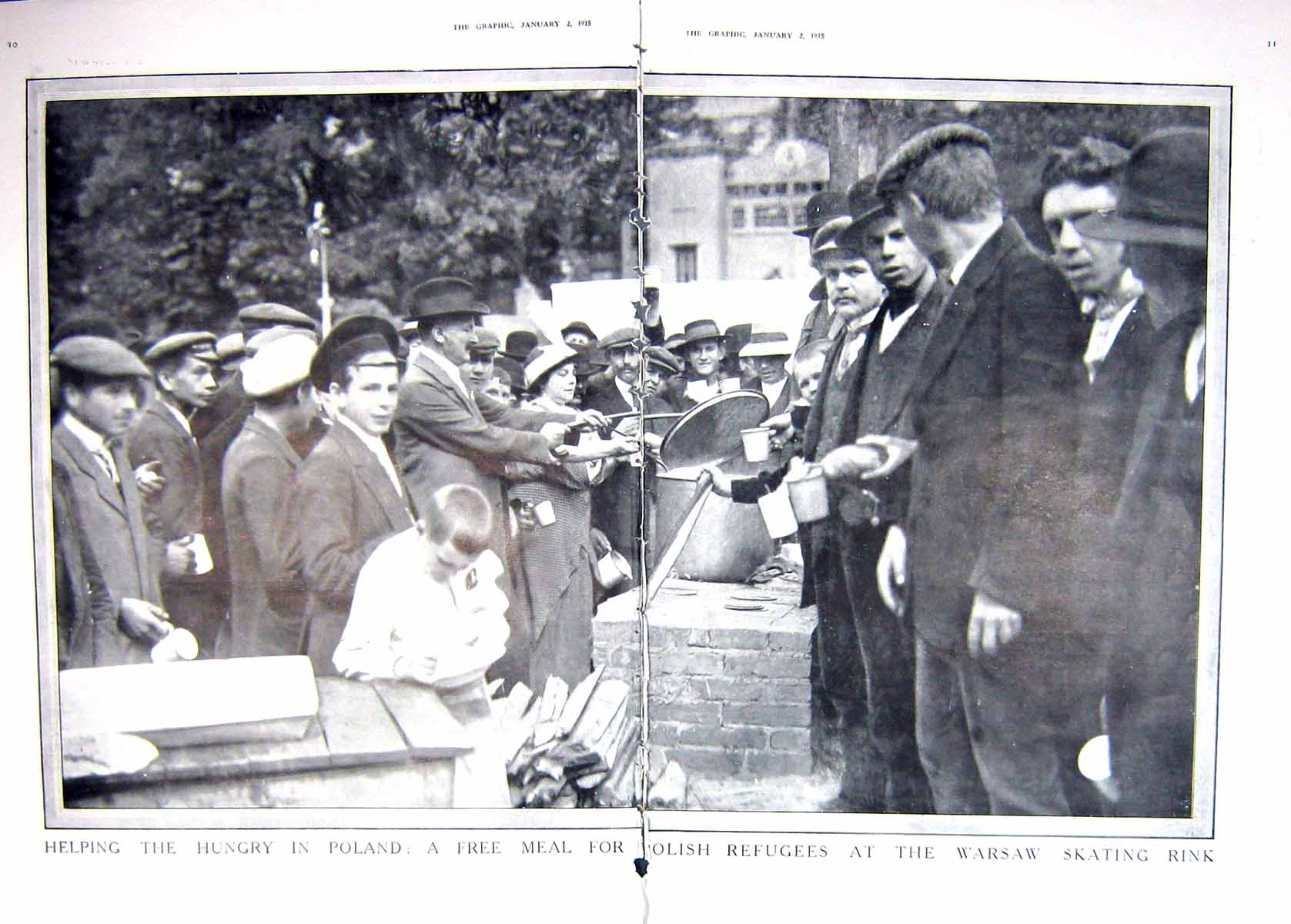Original Old Antique Print Damaged 1915 Food Polish Refugees Warsaw Skating 0