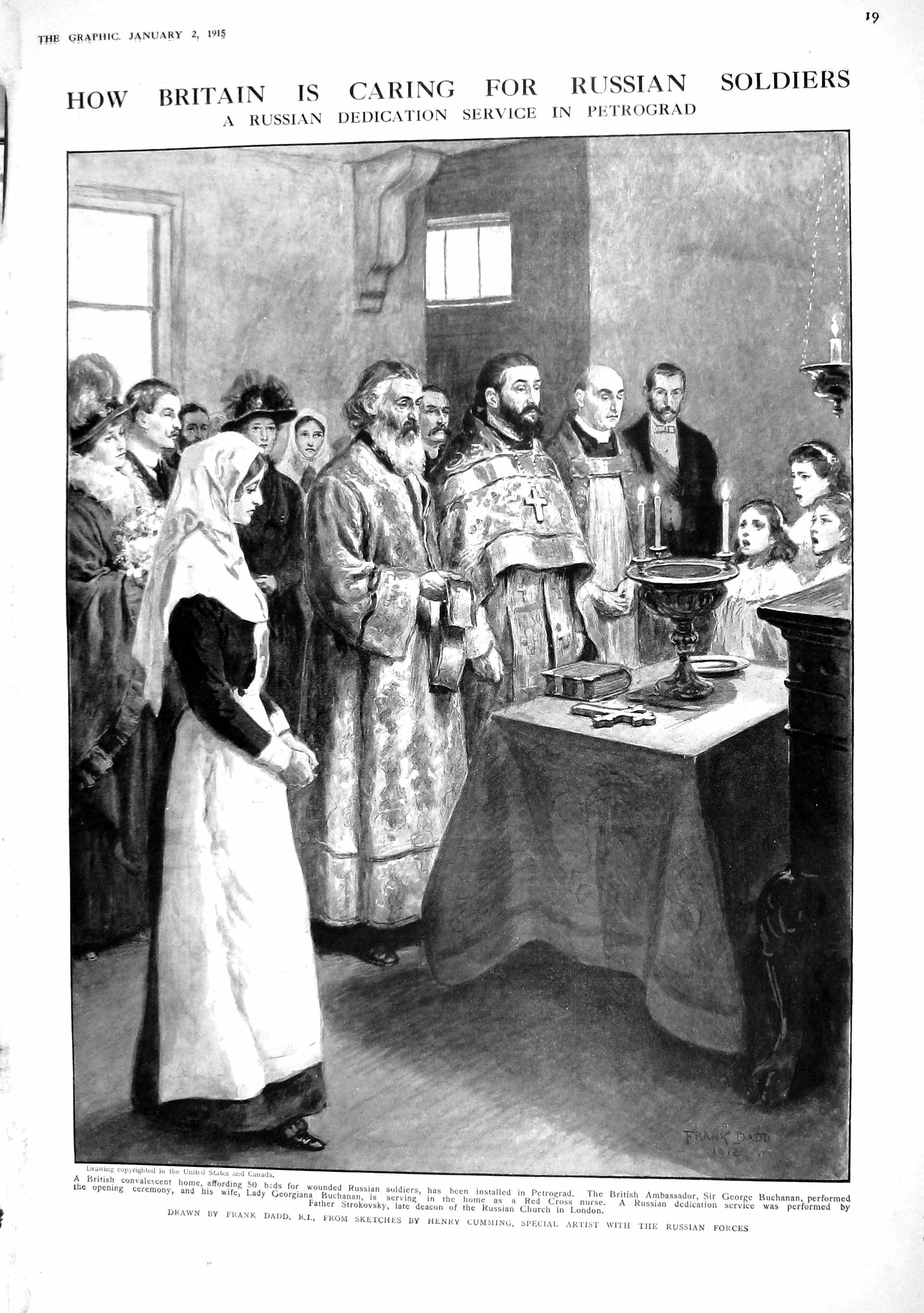 Original Old Antique Print 1915 Russian War Siers Service Petrograd Buchanan