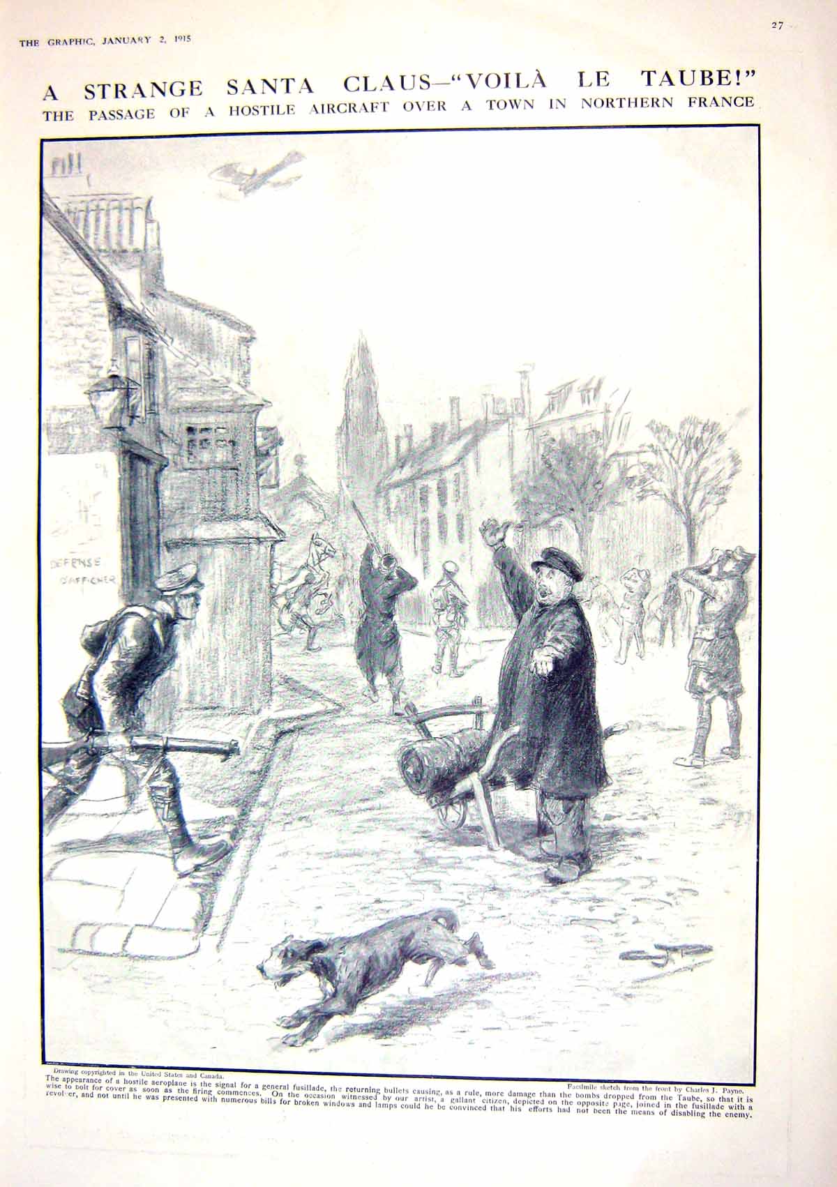 Old Antique Print 1915 Street Scene War France Aircraft Territorials Eno 20th