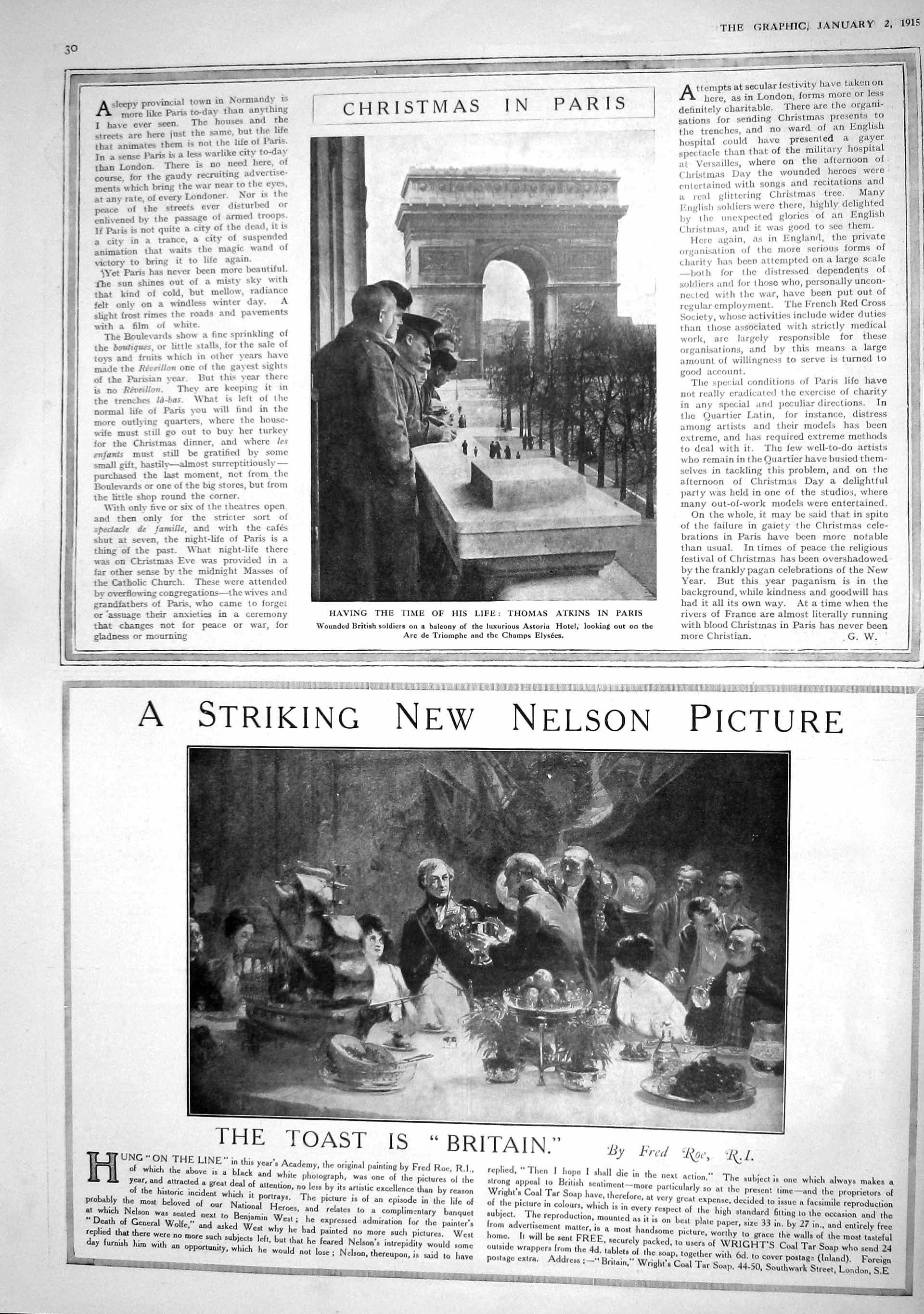 Old Antique Print 1915 Thomas Atkins Astoria Hotel Elysees Paris Nelson 20th
