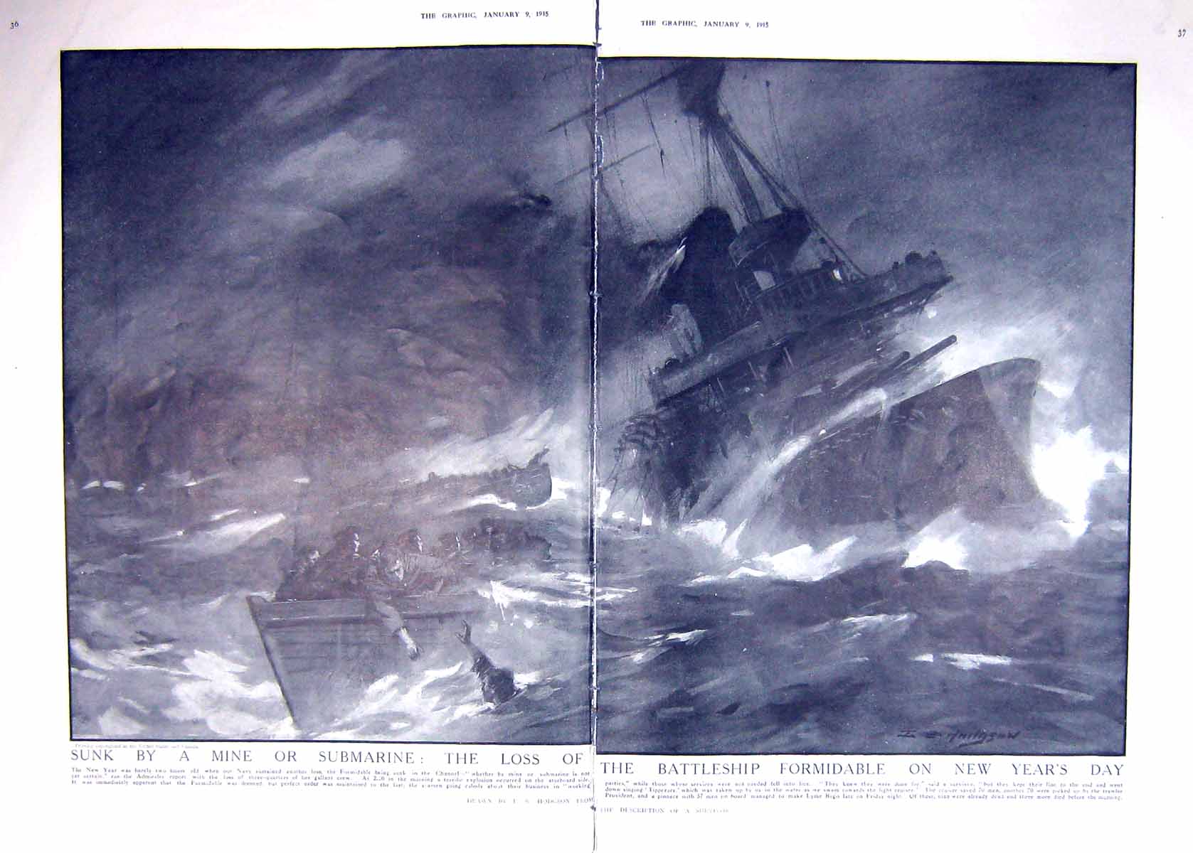 Original Old Antique Print Damaged 1915 Battle Ship Sinking Formidable War 0