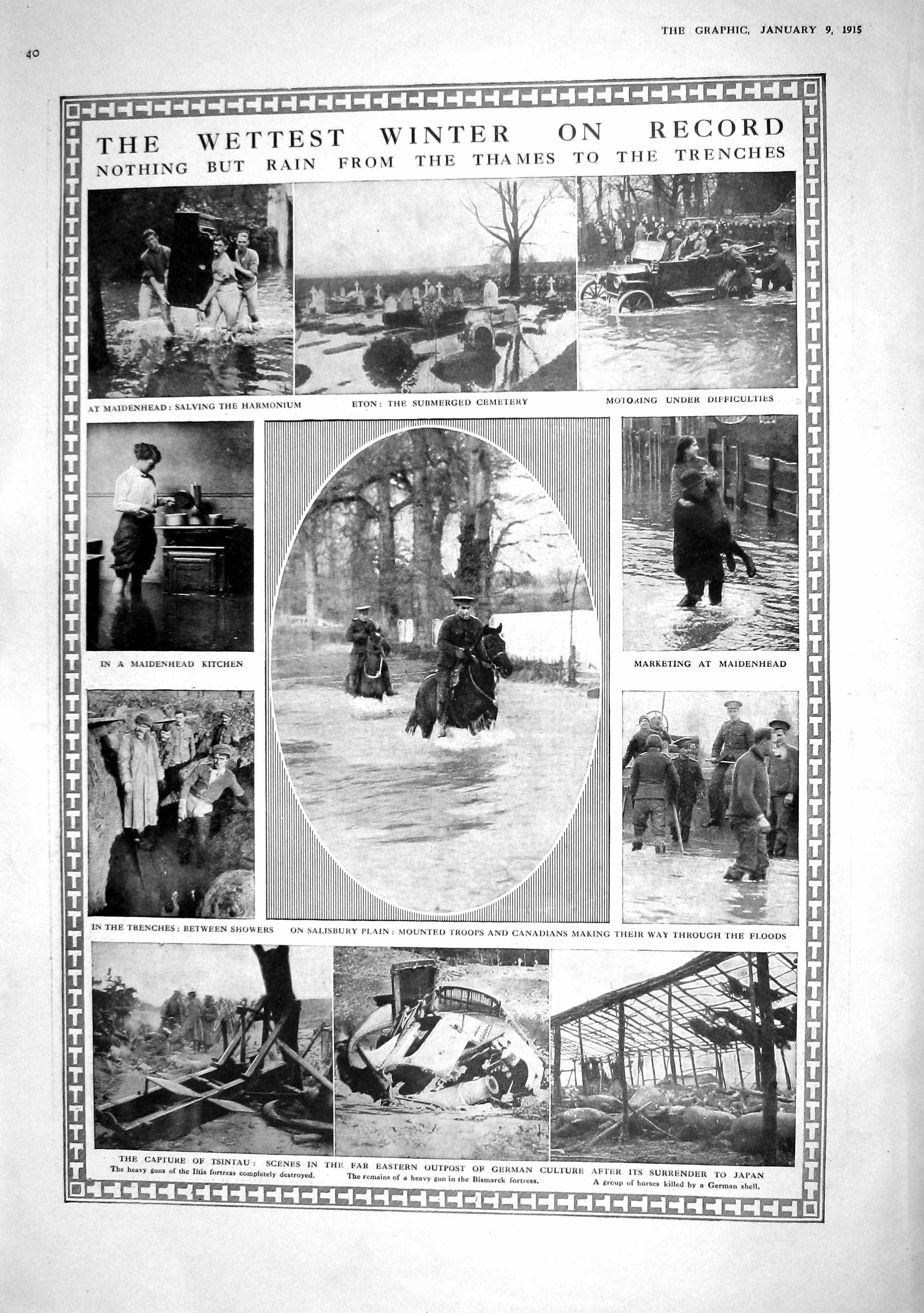 Old Antique Print 1915 Eton Salisbury Maidenhead Floods Zeppelin Cuxhaven 20th