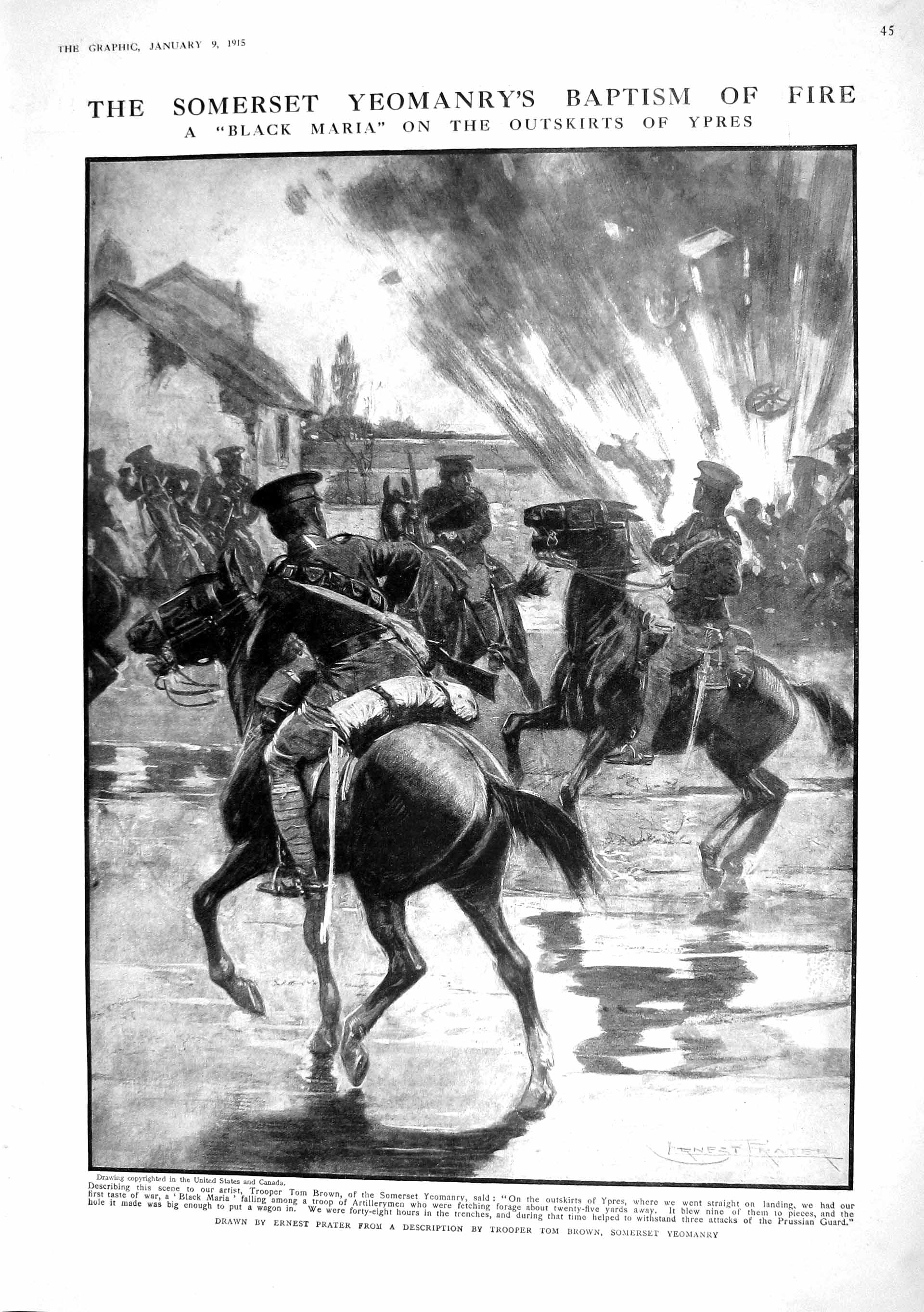 Original Old Antique Print 1915 Somerset Yeomanry Tom Brown Ypres War Bombing