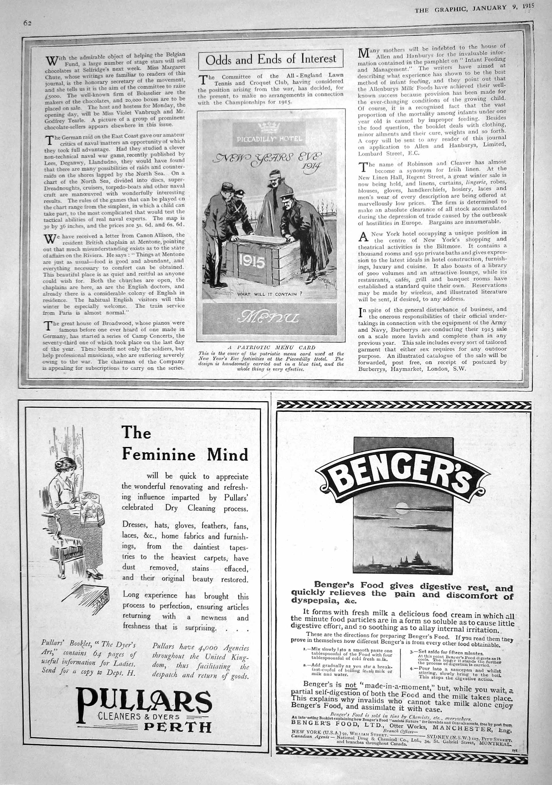 Original Old Antique Print 1915 Patriotic Menu Card Piccadilly Hotel Bengers