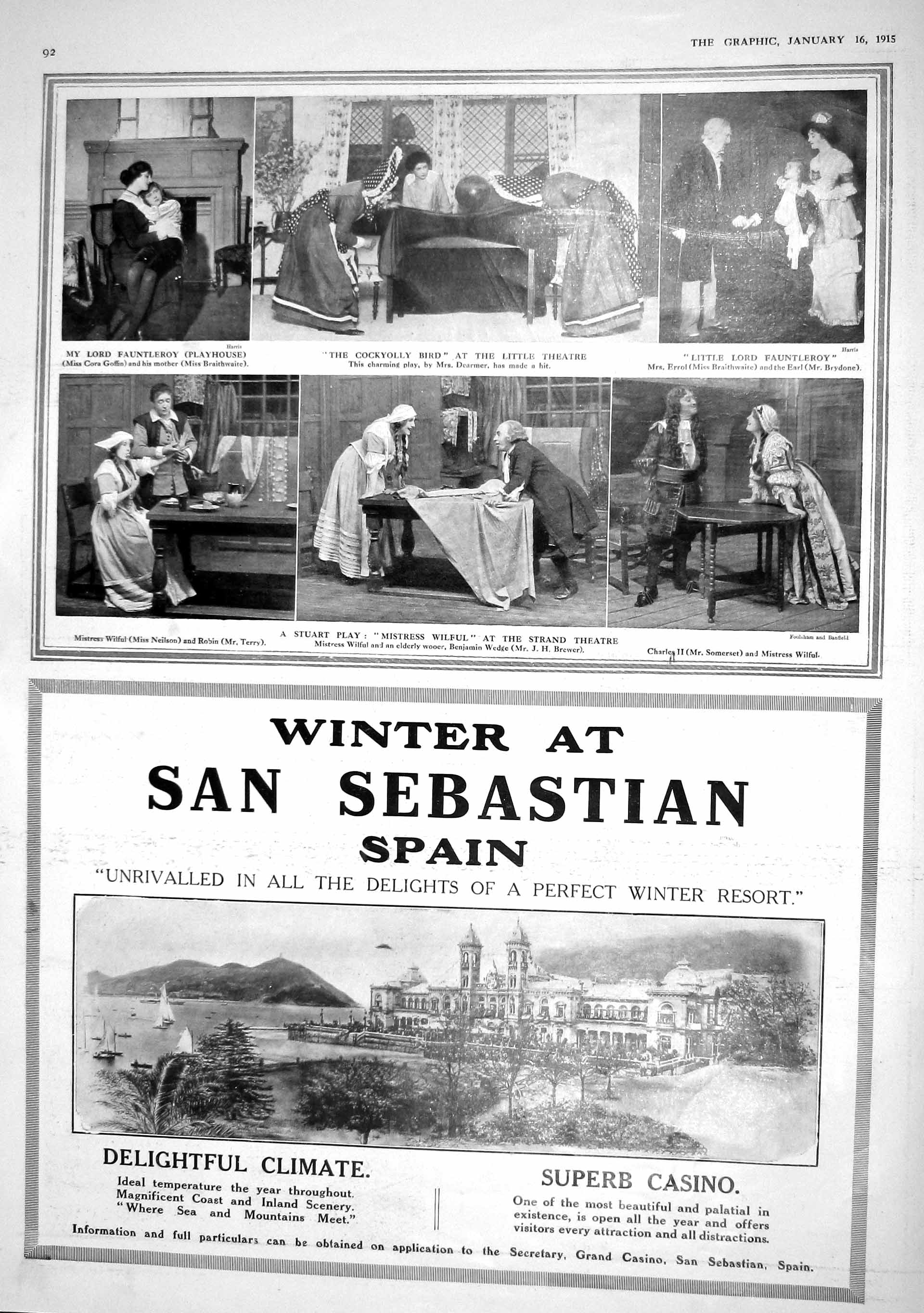 Original Old Antique Print 1915 Theatre Fauntleroy Neilson Casino Spain Columb