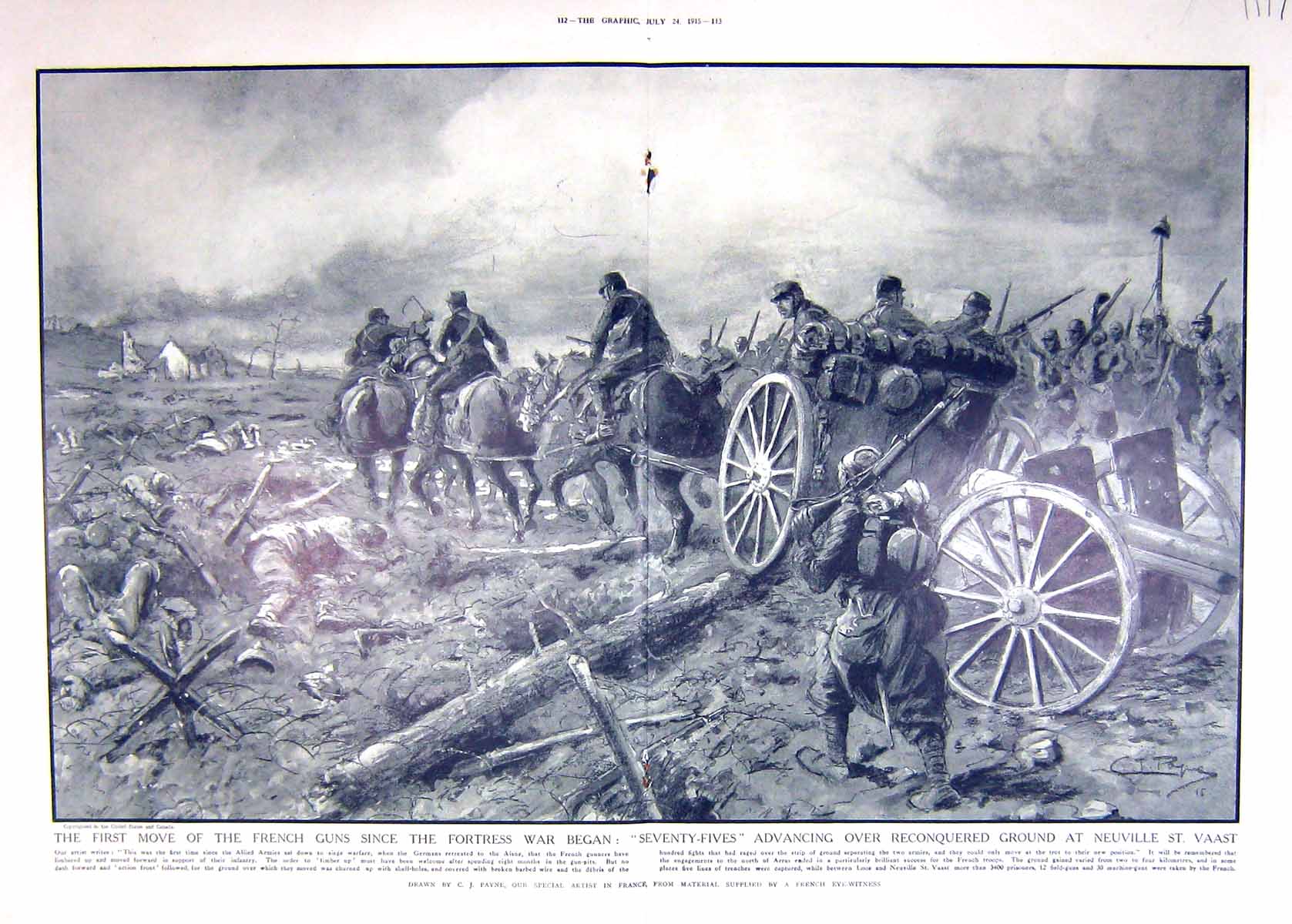 Original Old Antique Print 1915 War French Guns Neuville St. Vaast Siers Payne