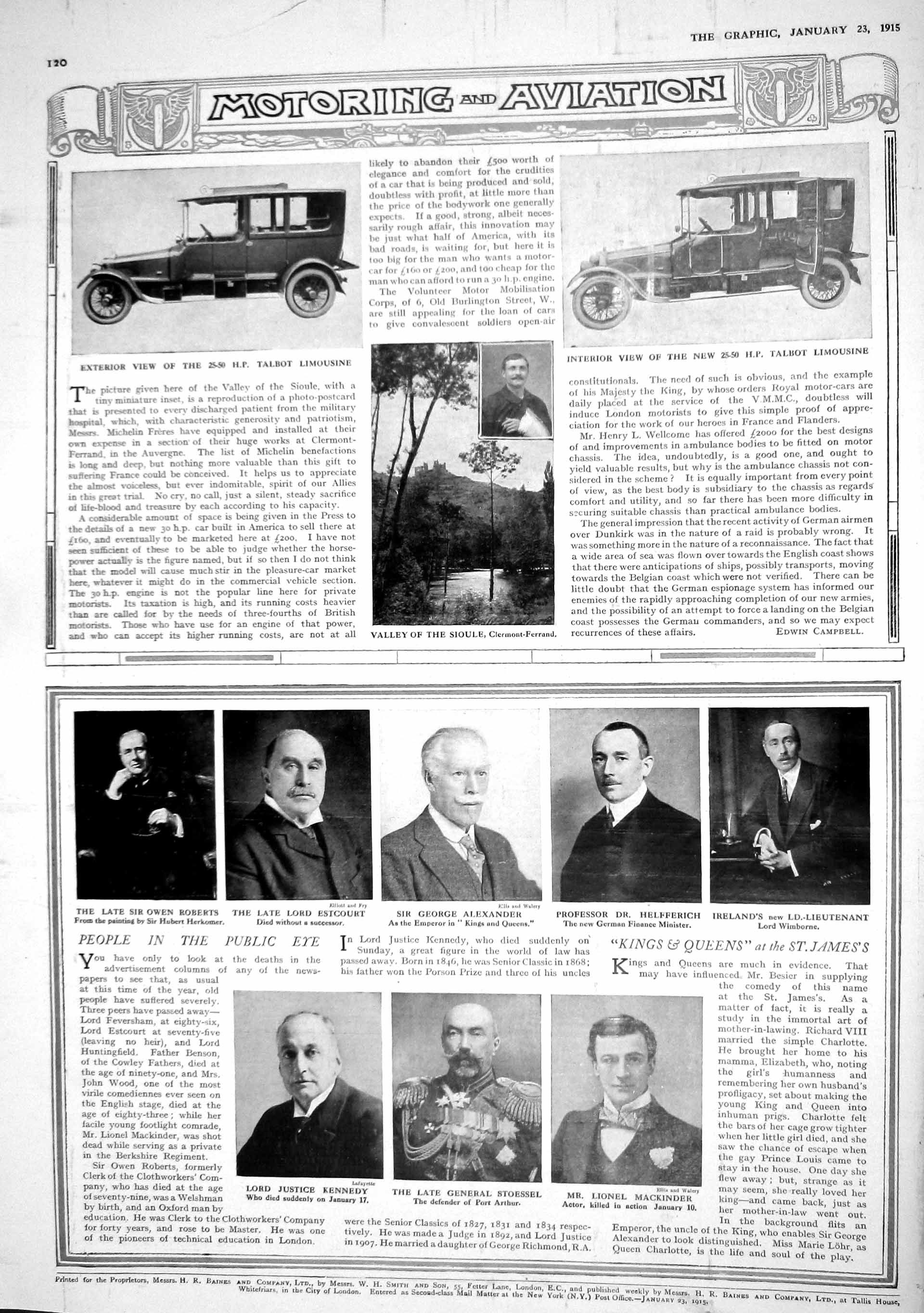 Original Old Antique Print 1915 Car Talbot Roberts Alexander Mackinder Kennedy