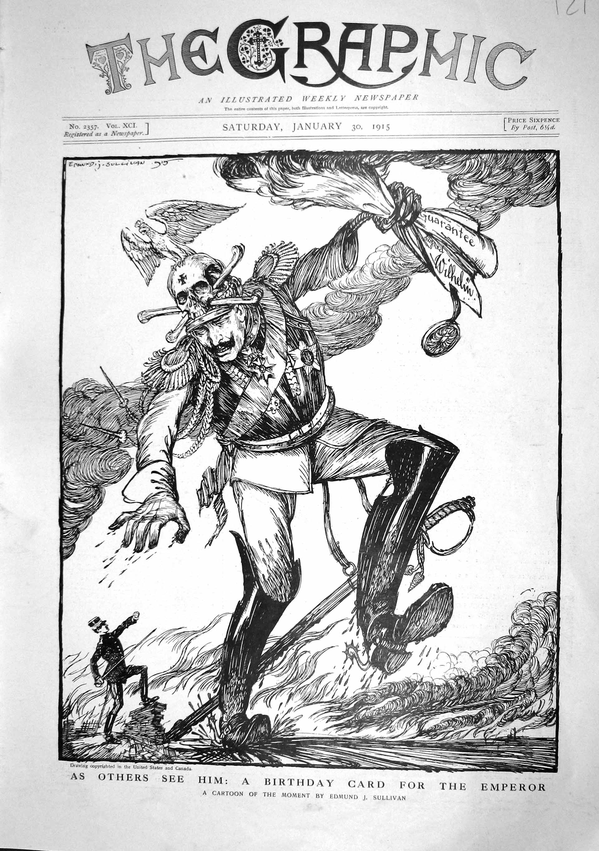 Old Antique Print 1915 Birthday Card Emperor War Cartoon Edmund Sullivan 20th