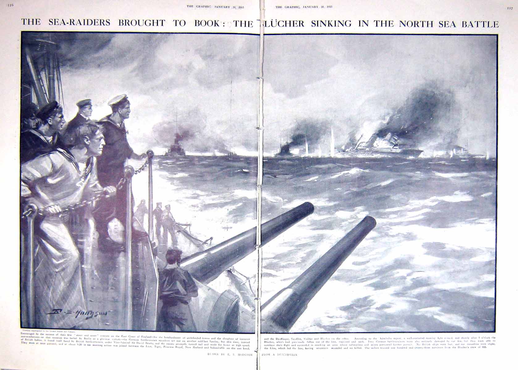 Original Old Antique Print Damaged 1915 War Ship Blucher North Sea Battle 20th