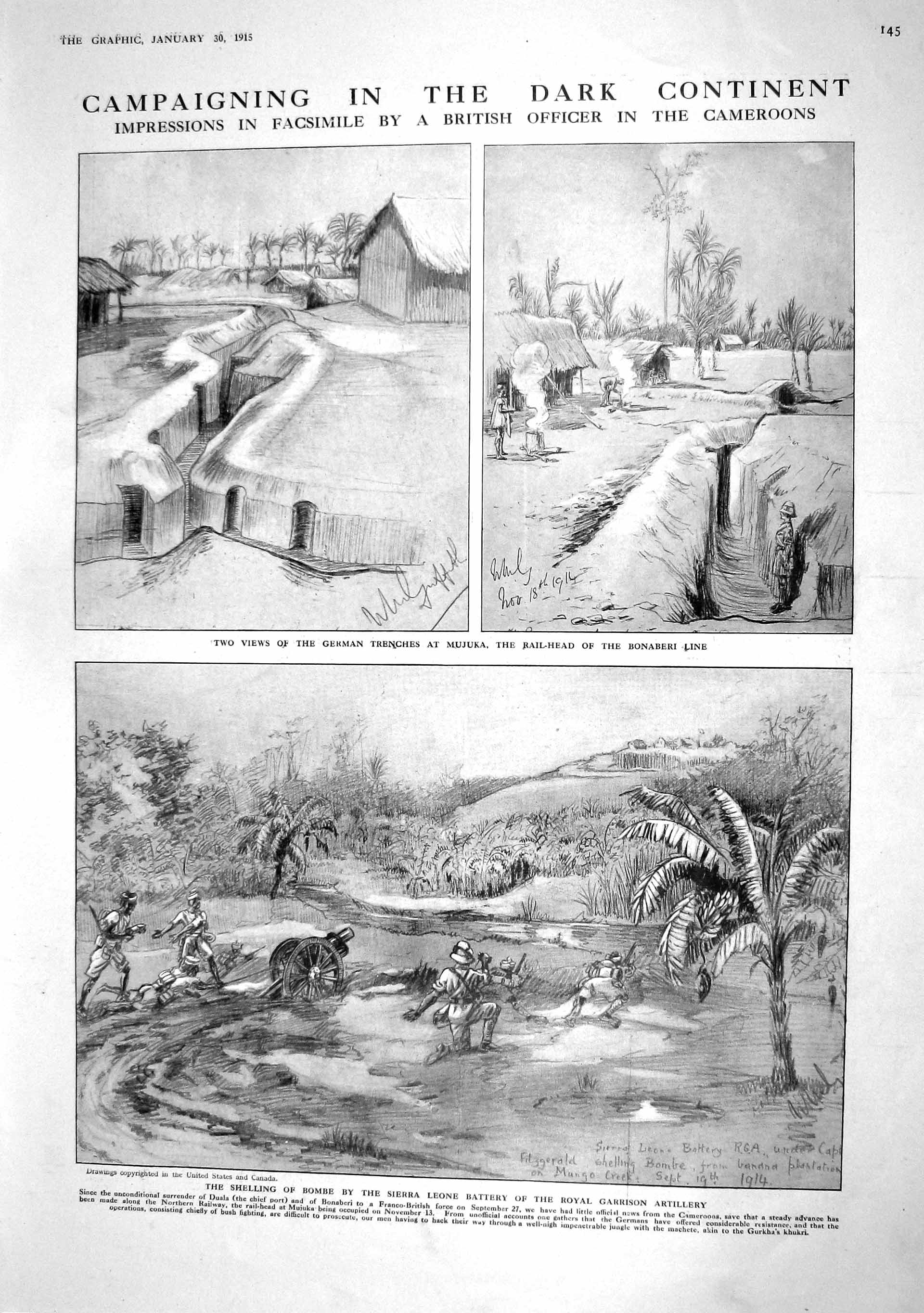 Original Old Antique Print 1915 German Trench Majuka Cameroons Leone Caucasus