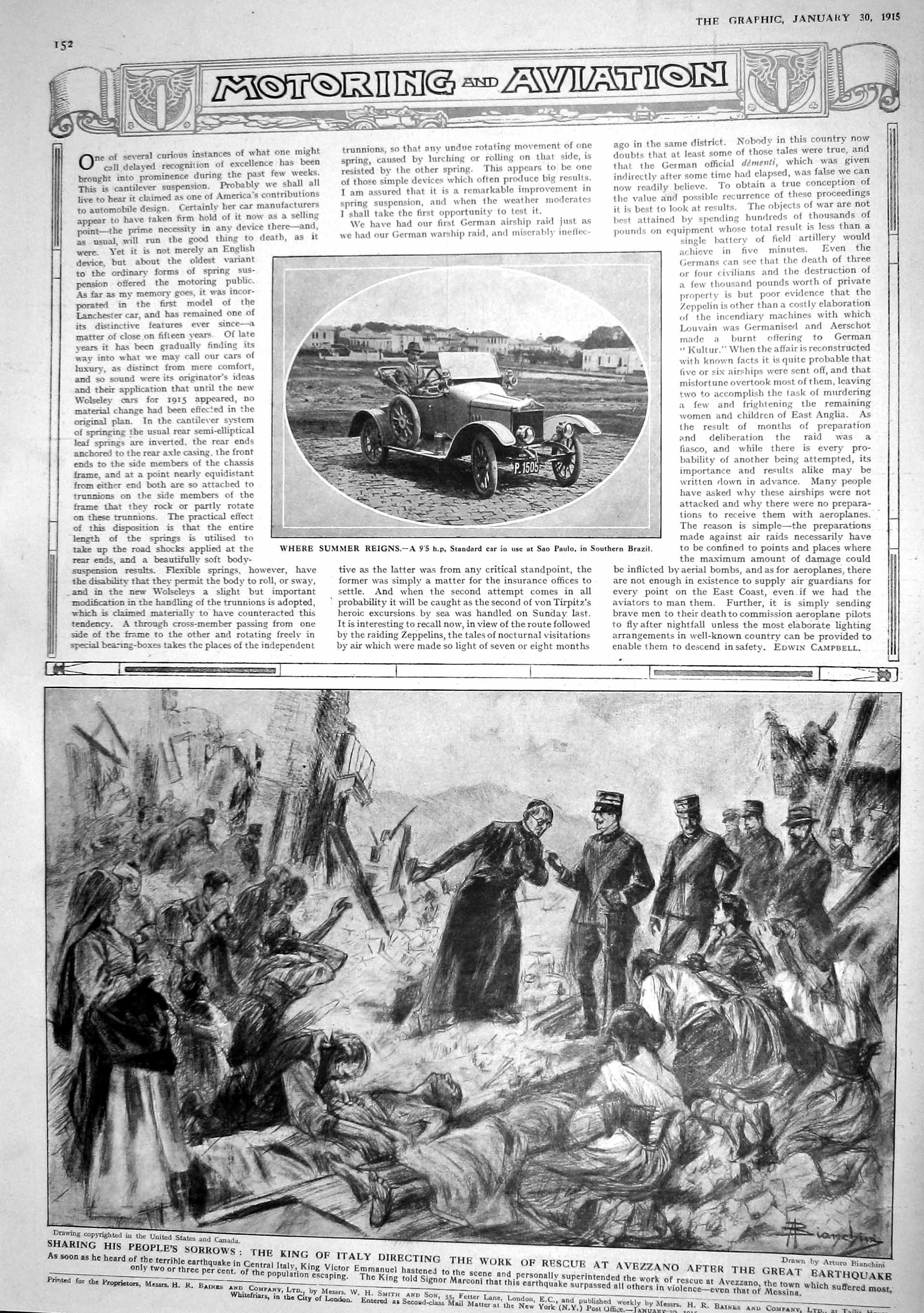 Original Old Antique Print 1915 Standard Car Paulo Brazil King Italy Avezzano