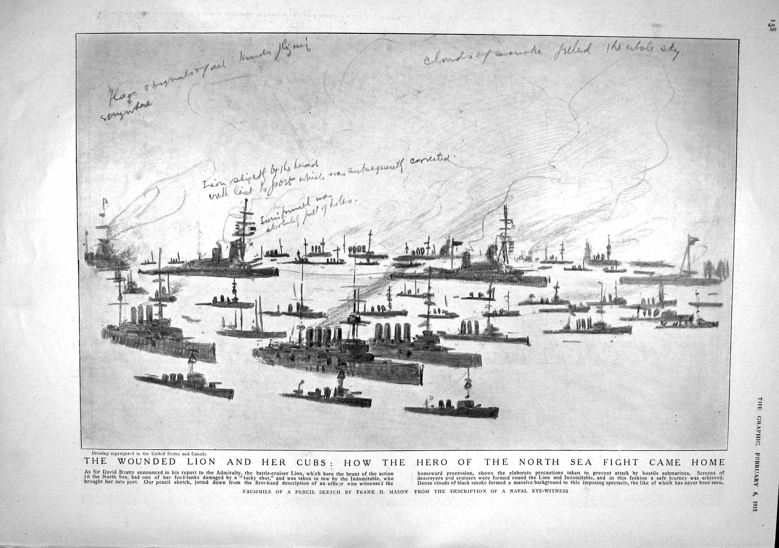 Old Antique Print 1915 War Ships Lion Map German Submarine Britain Primo 20th