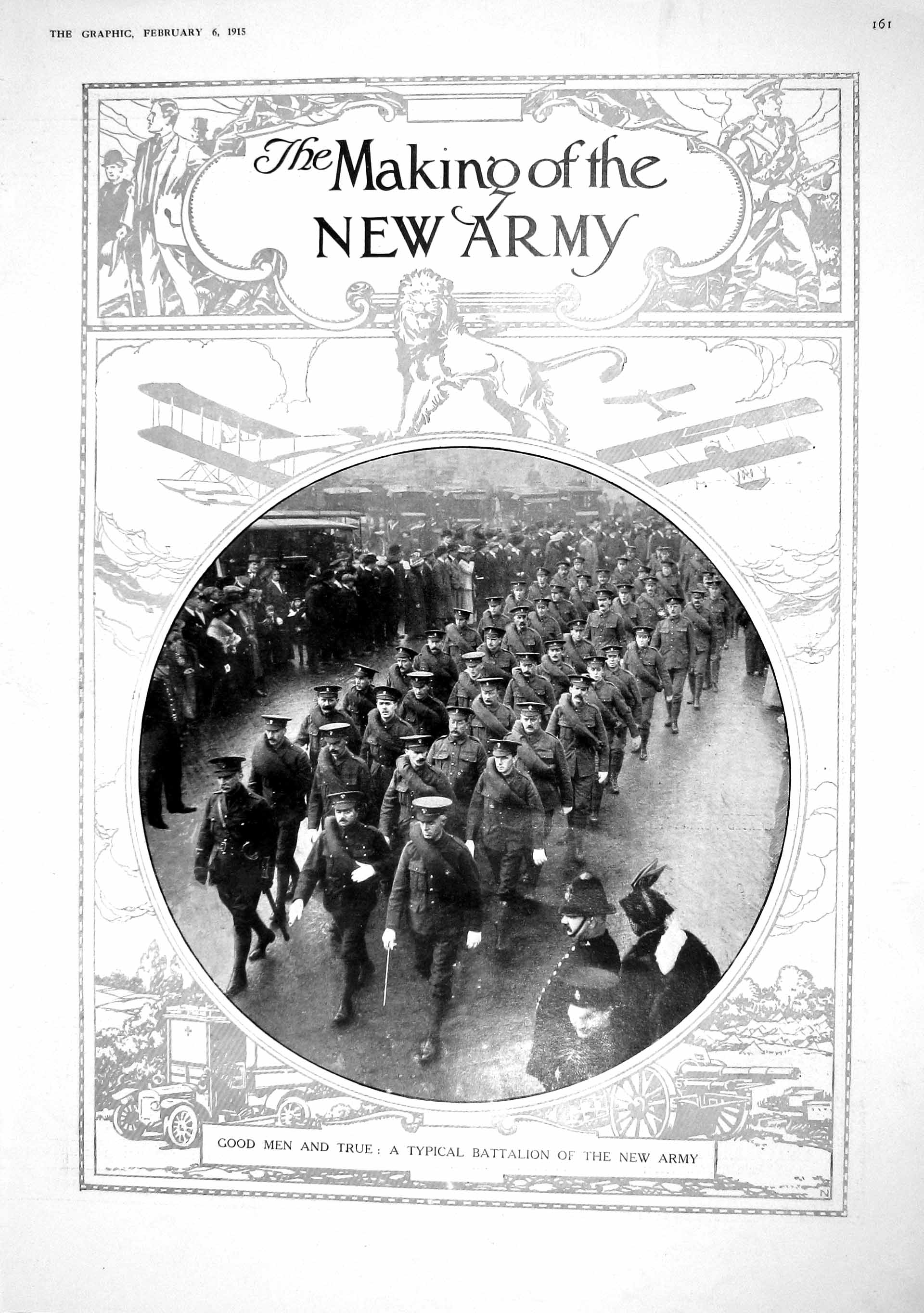 Original Old Antique Print 1915 New Battalion Army War Siers Recruits Mufti