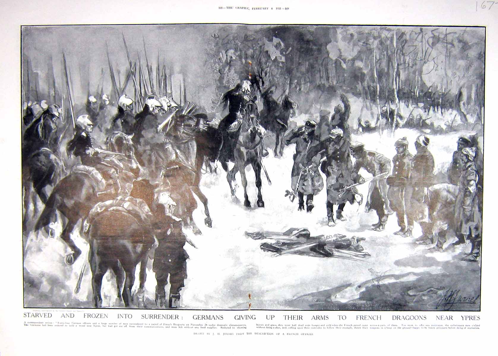 Original Old Antique Print 1915 War German Siers Arms French Dragoons Ypres