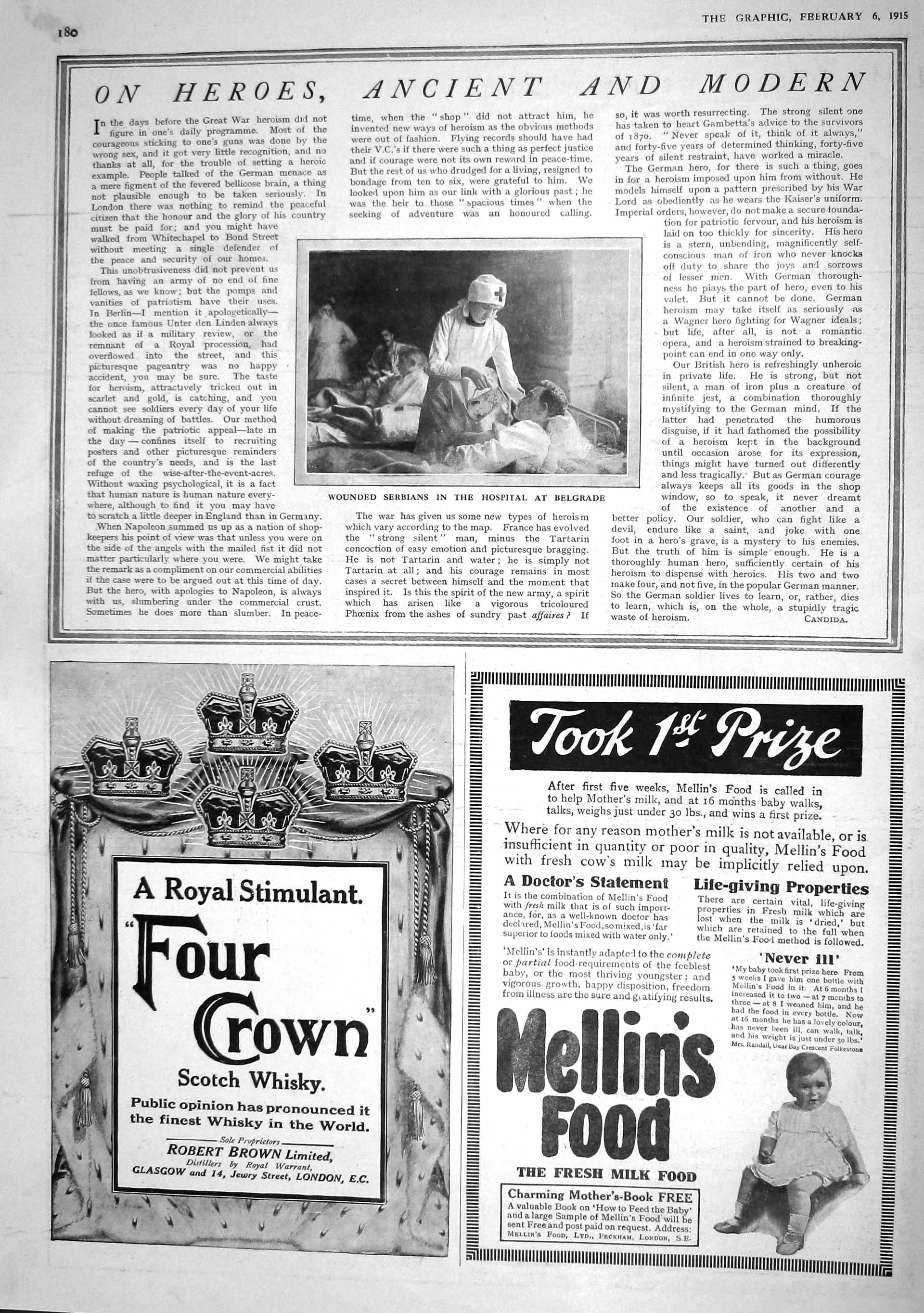 Old Antique Print 1915 Wounded Serbians Hospital Belgrade Whisky Mellins 20th