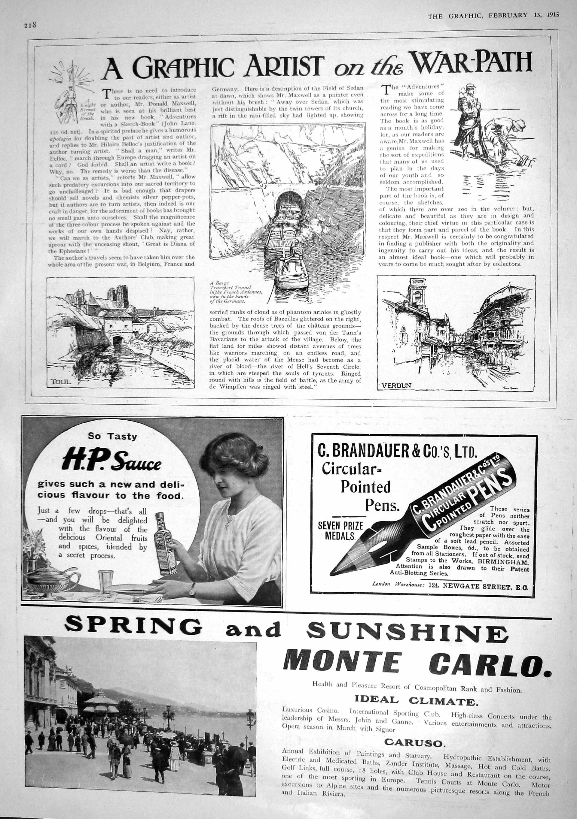 Original Old Antique Print 1915 H.P. Sauce Monte Carlo Robinson Zenobia Cocoa