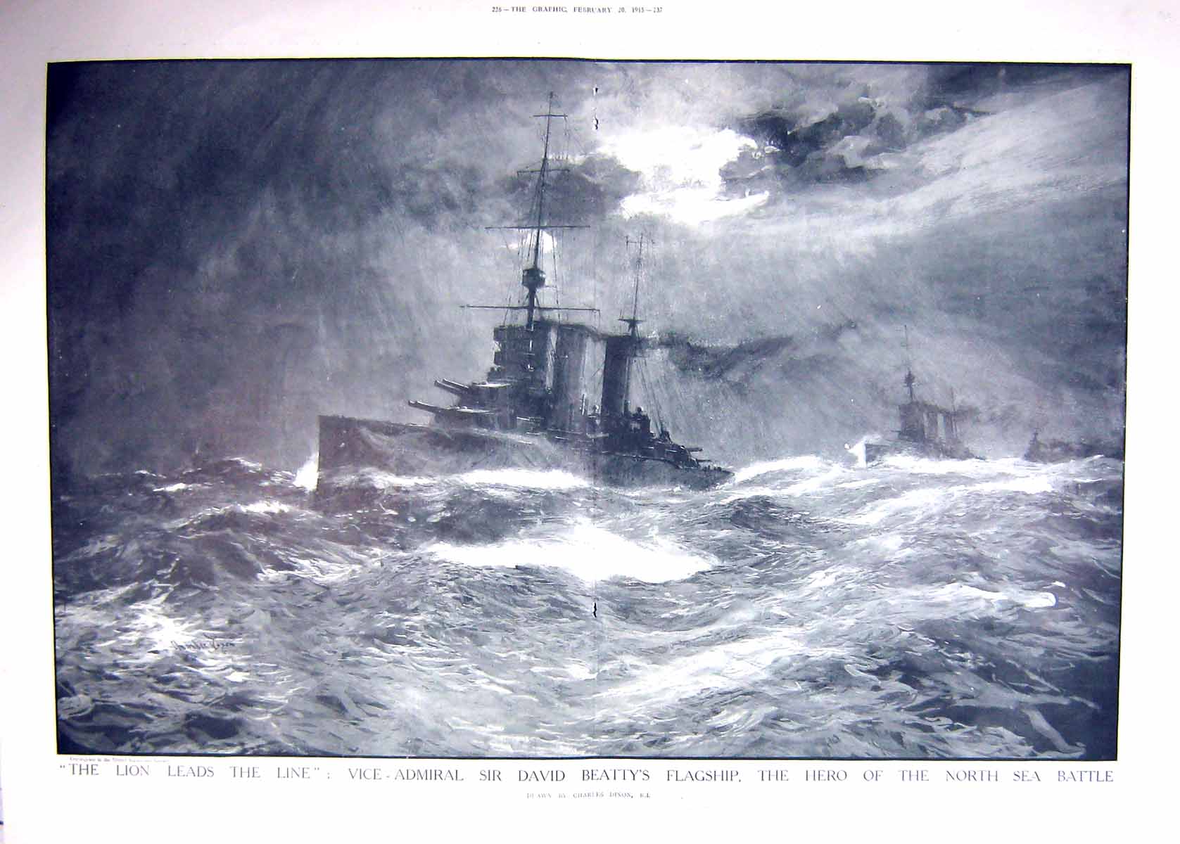 Old Antique Print 1915 David Beatty Flag Ship North Sea Battle War Map 20th