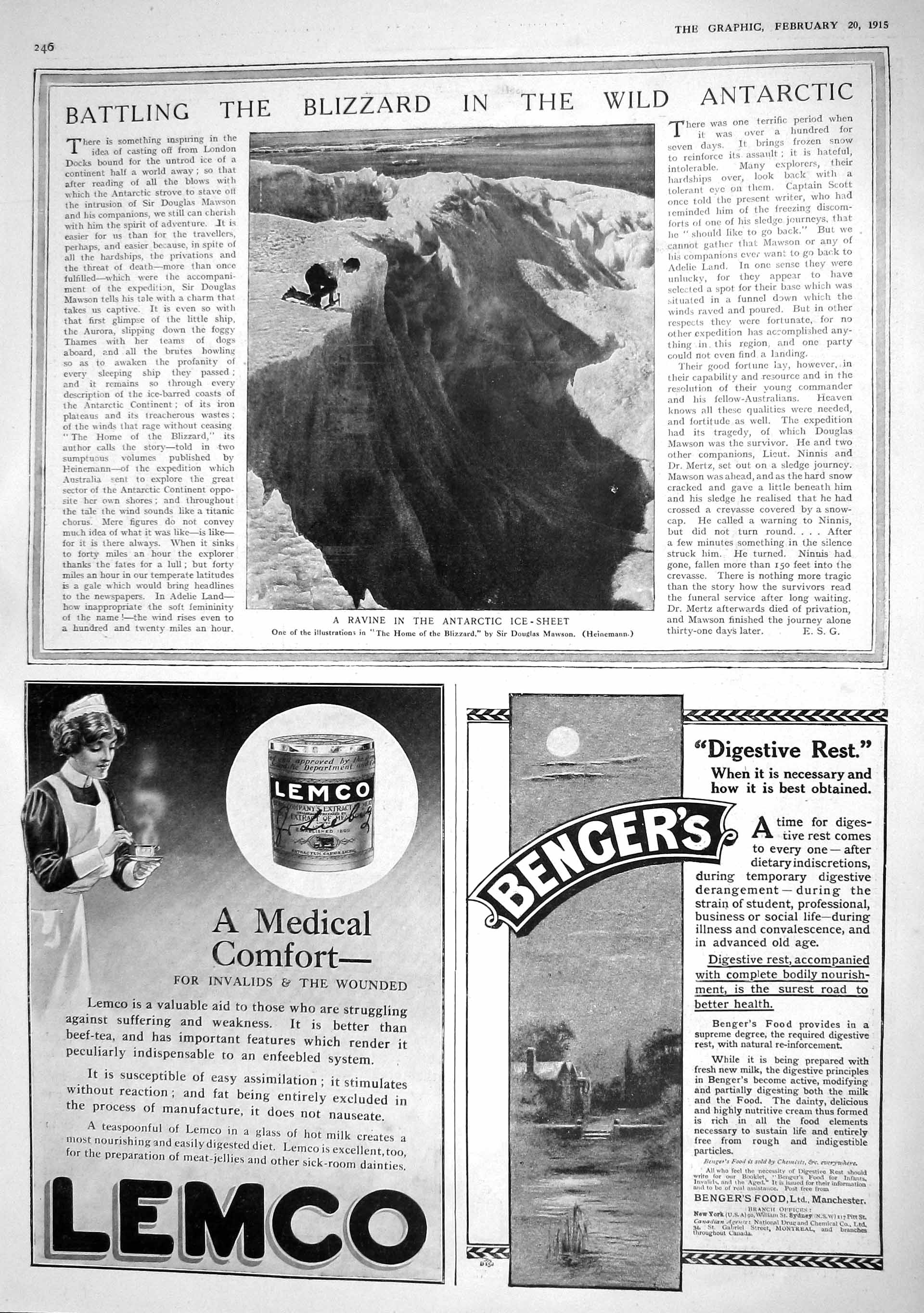 Old Antique Print 1915 Blizzard Antarctic Ice-Sheet Ravine Bengers Lemco 20th