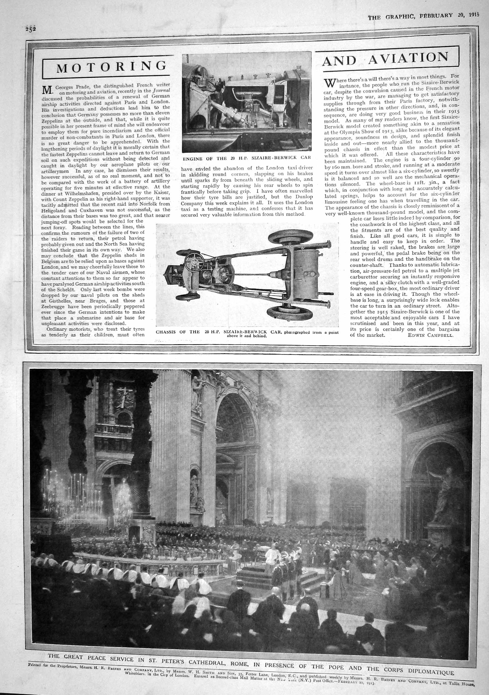 Old Antique Print 1915 Engine Motor Car Sizaire-Berwick Peter'S Cathedral 20th