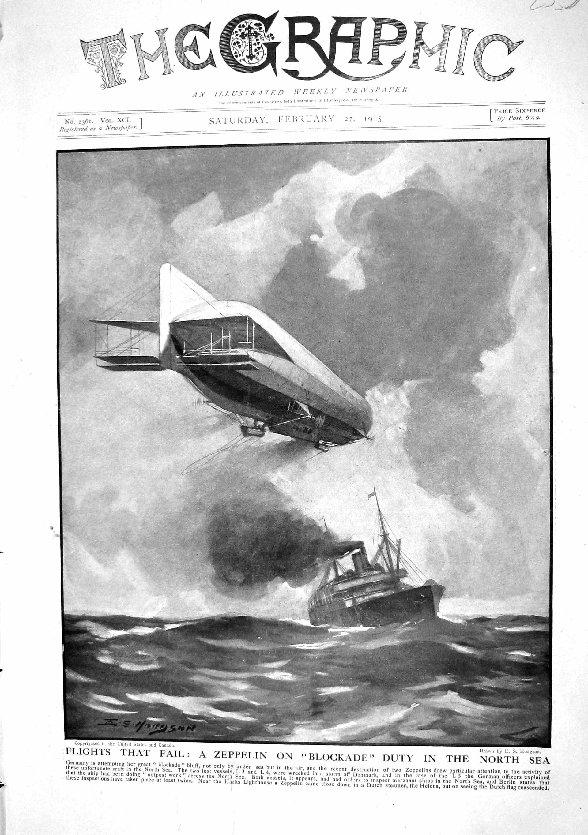Original Old Antique Print 1915 Zeppelin Blockade North Sea Ship Germany Helena