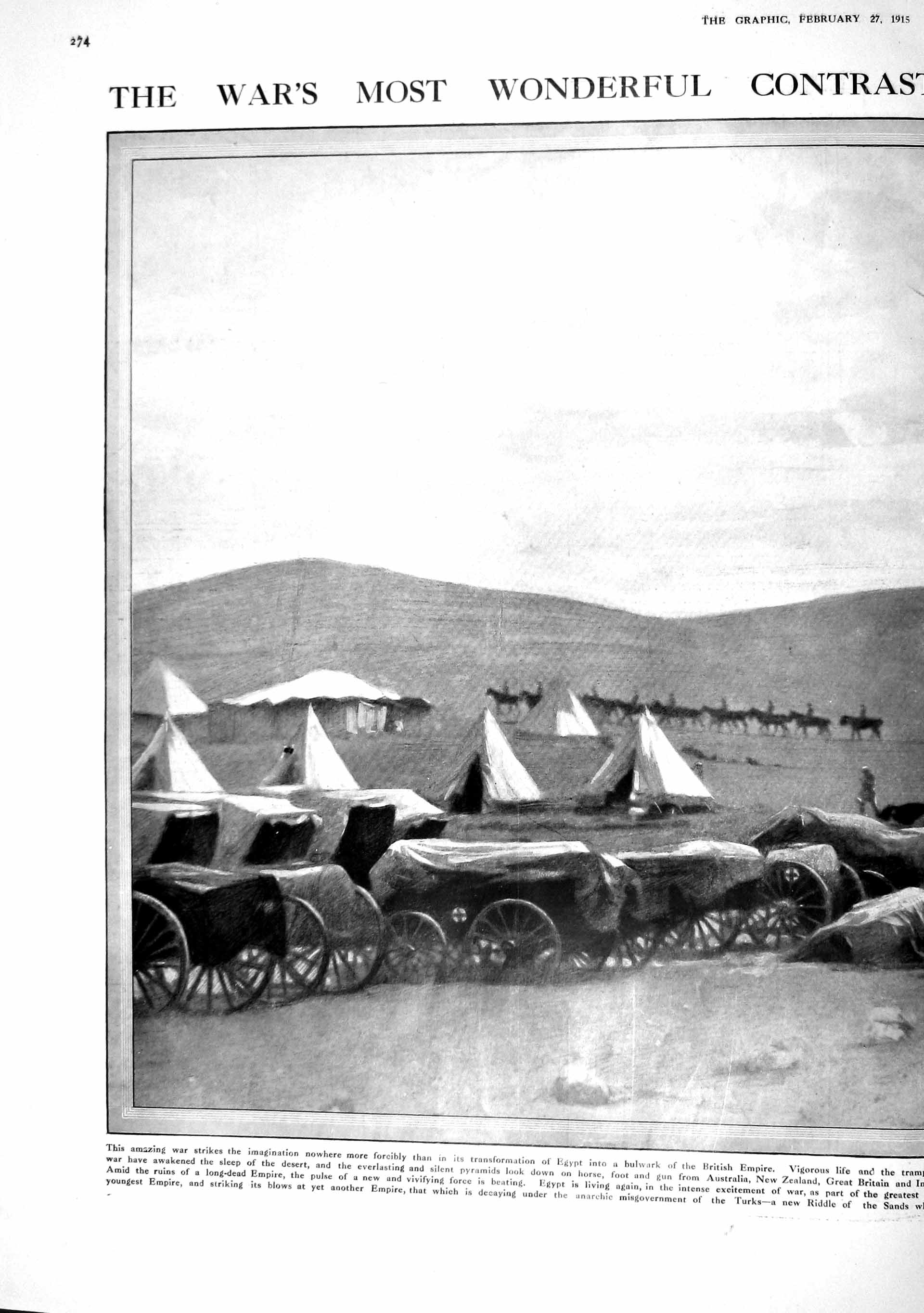 Original Old Antique Print 1915 War Australia Siers Camp Pyramids Horses 20th