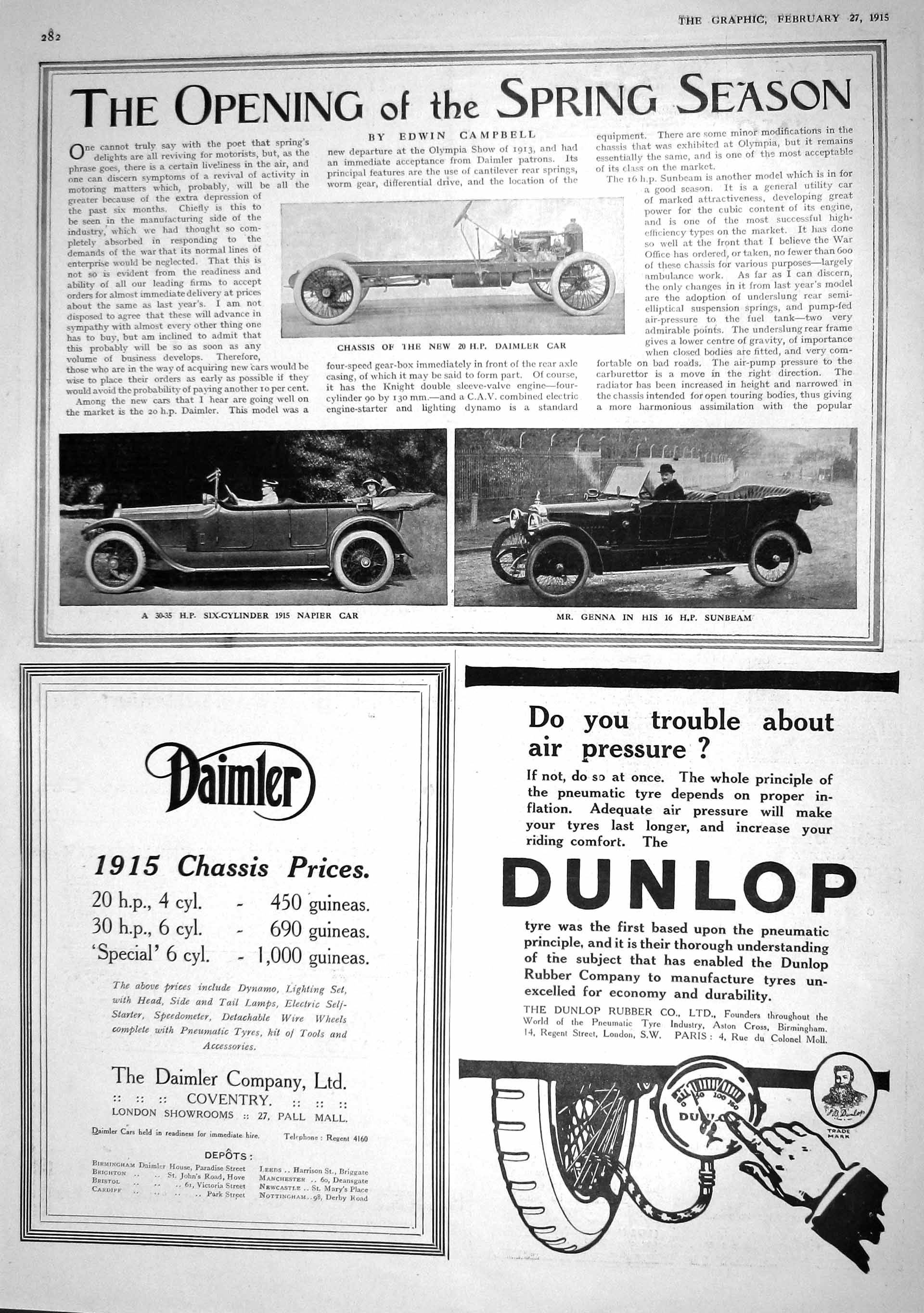 Original Old Antique Print 1915 Daimler Motor Car Genna Sunbeam Napier Dunlop