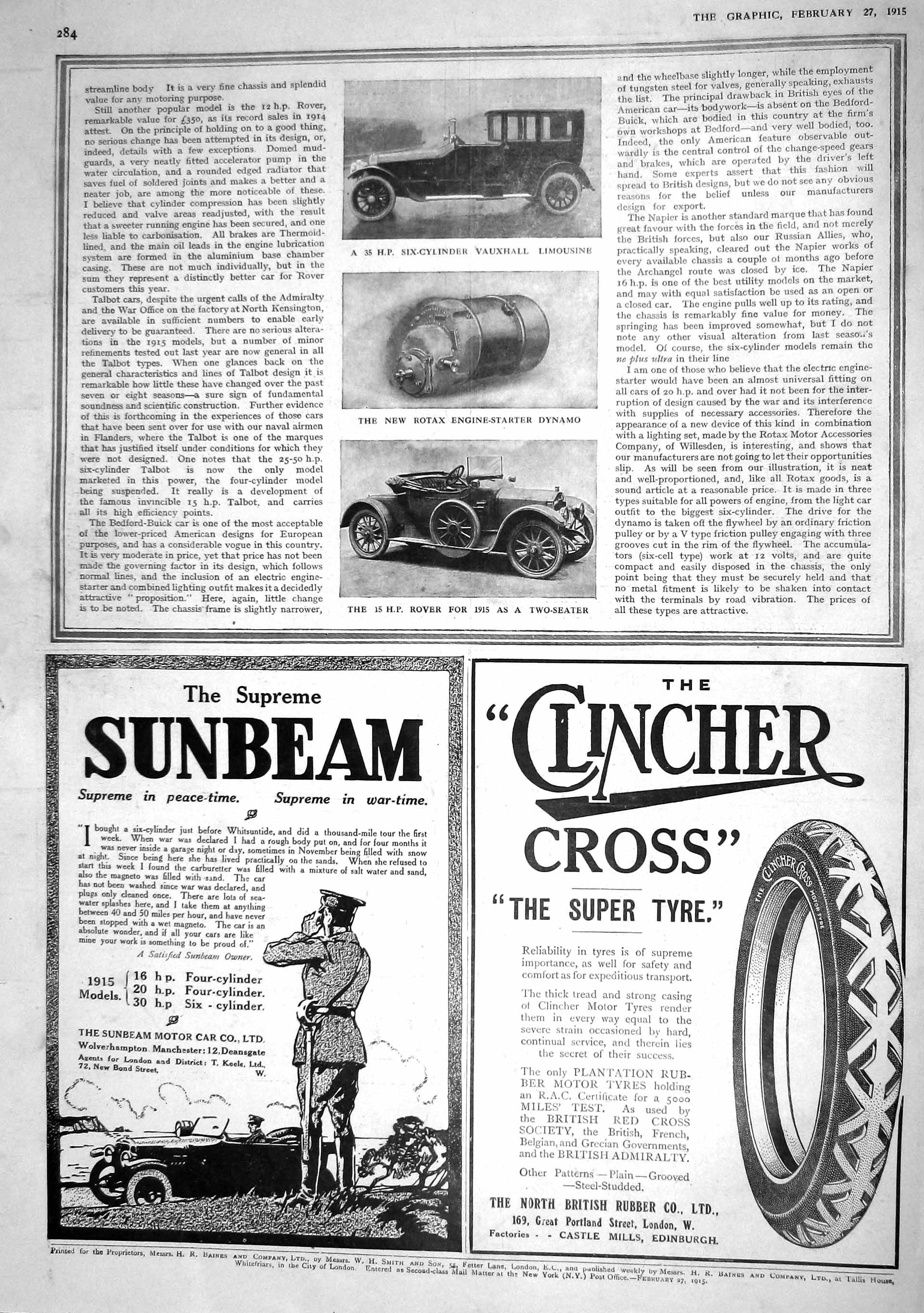 Original Old Antique Print 1915 Vauxhall Limousine Motor Car Rover Rotax Dynamo