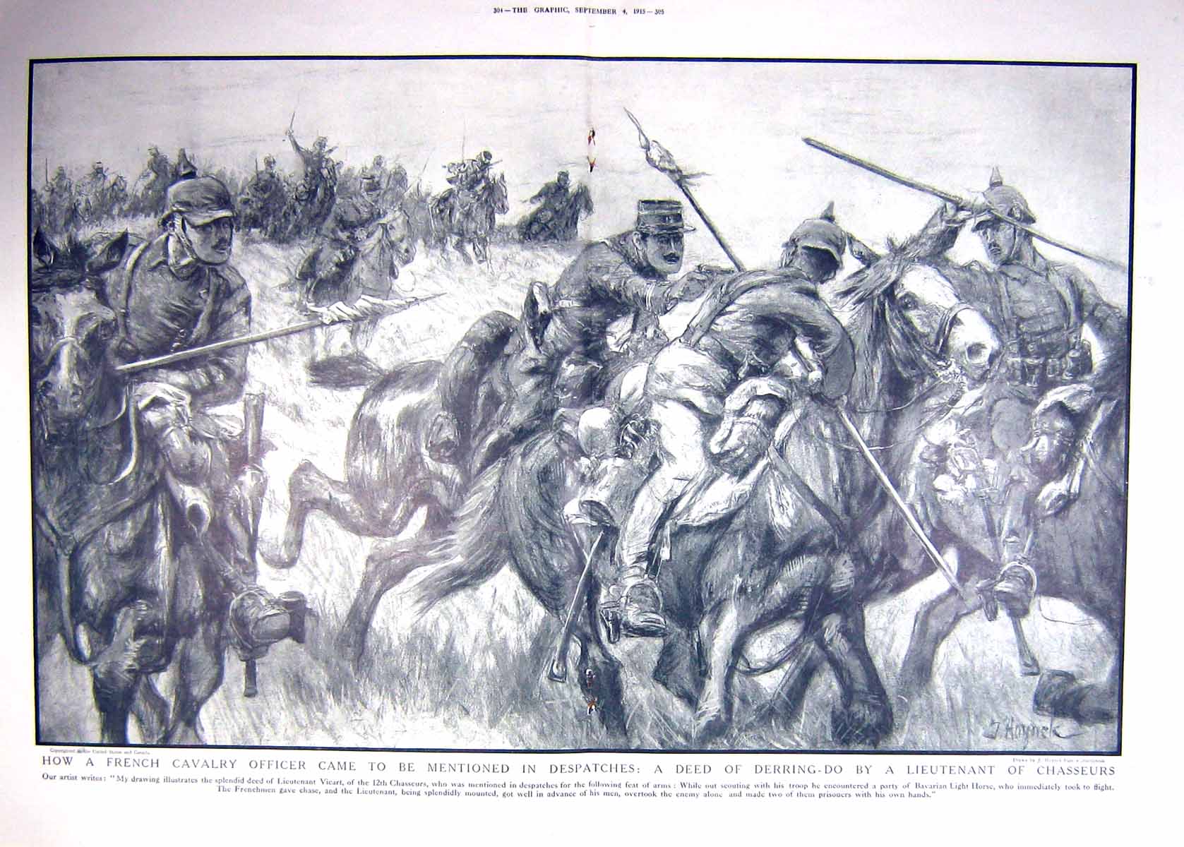 Old Antique Print 1915 French Cavalry Officer War Derring-Do Chasseurs 20th
