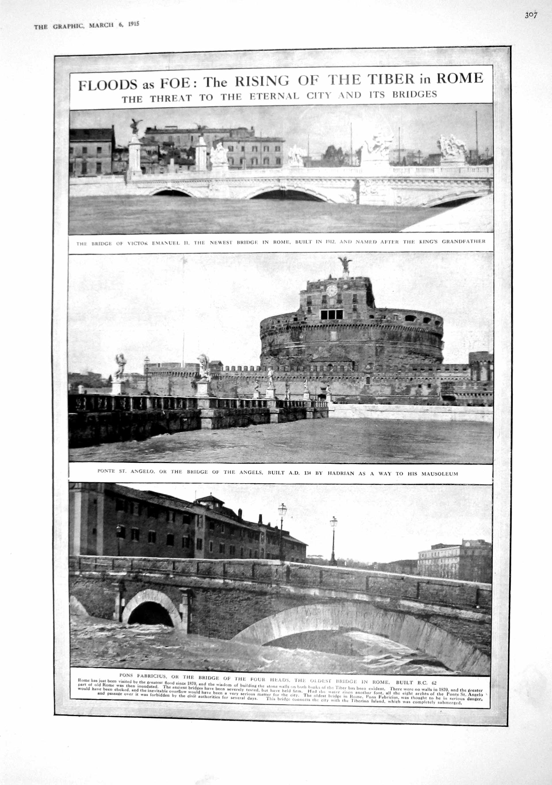 Old Antique Print 1915 Floods River Tiber Rome Angelo Fabricus Bentnick 20th