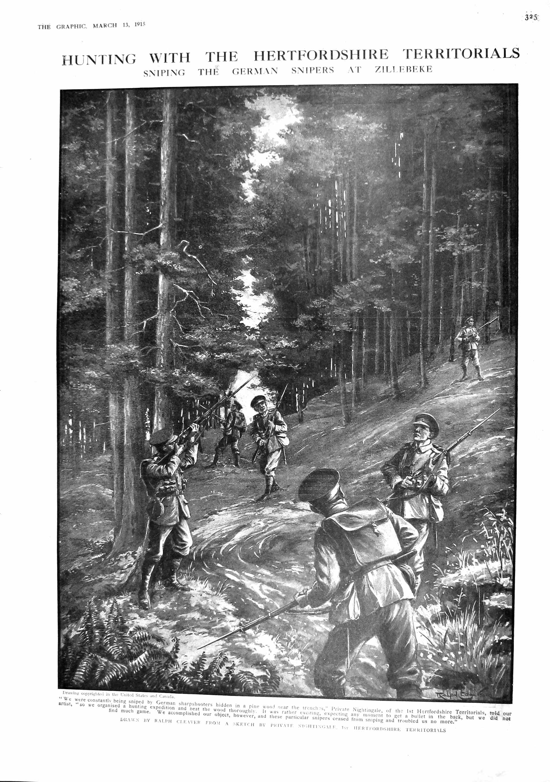 Original Old Antique Print 1915 Hunting Hertfordshire Territorials Zillebek War