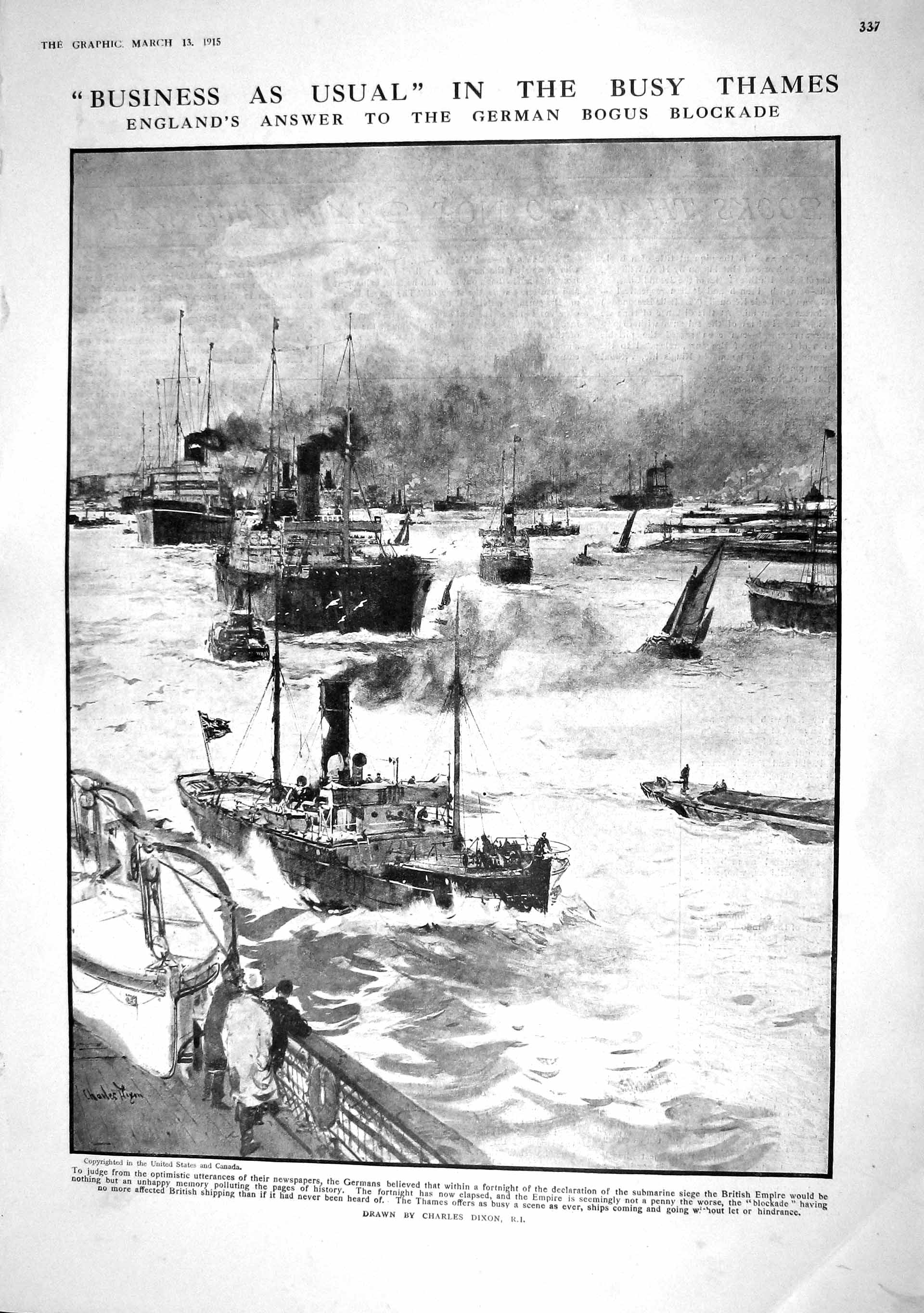 Old Antique Print 1915 British War Ships River Thames Kaiser Bread German 20th