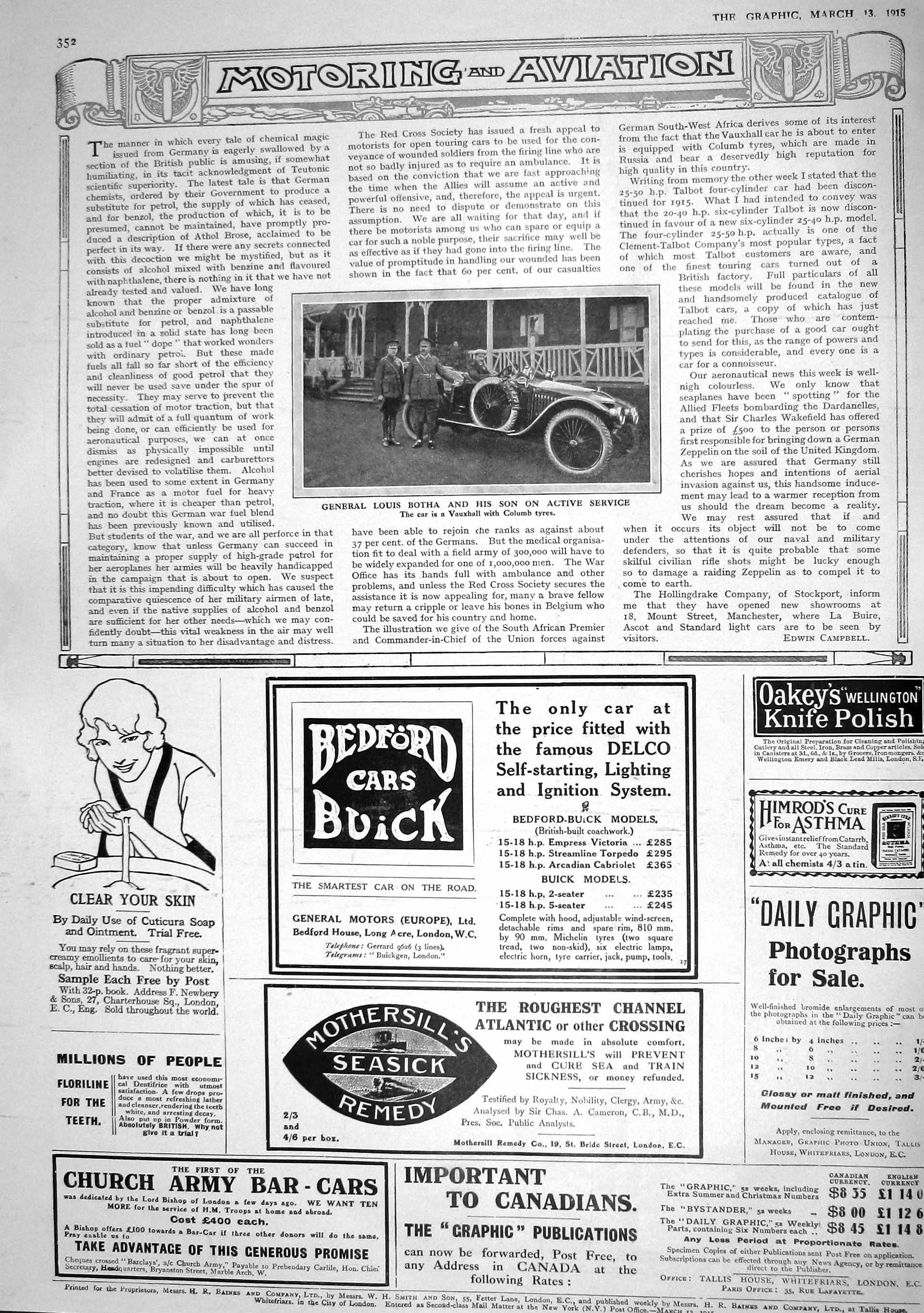 Original Old Antique Print 1915 General Louis Botha Vauxhall Motor Car Bedford