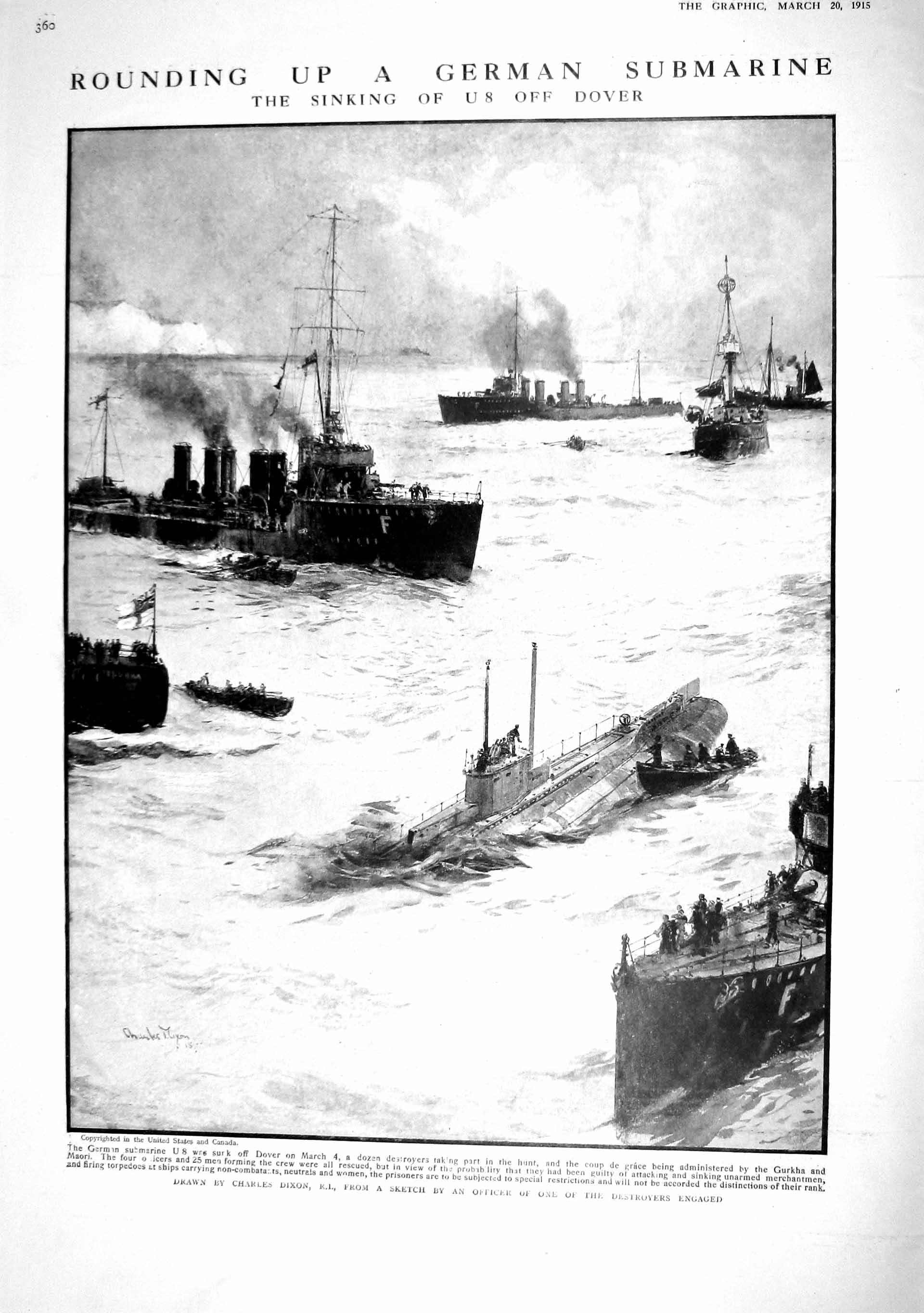 Old Antique Print 1915 German Submarine War Dover Ships Laventie Estaires 20th
