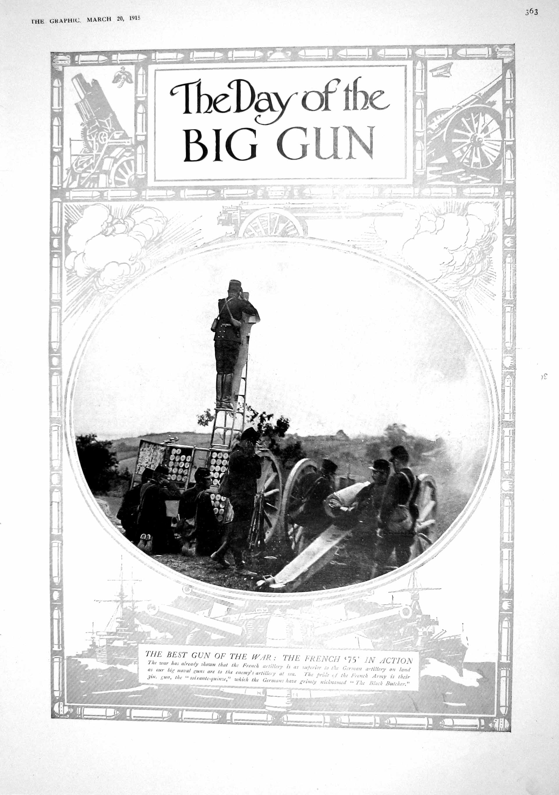 Old Antique Print 1915 War Gun French Black Butcher Gallipoli Isle Wight 20th
