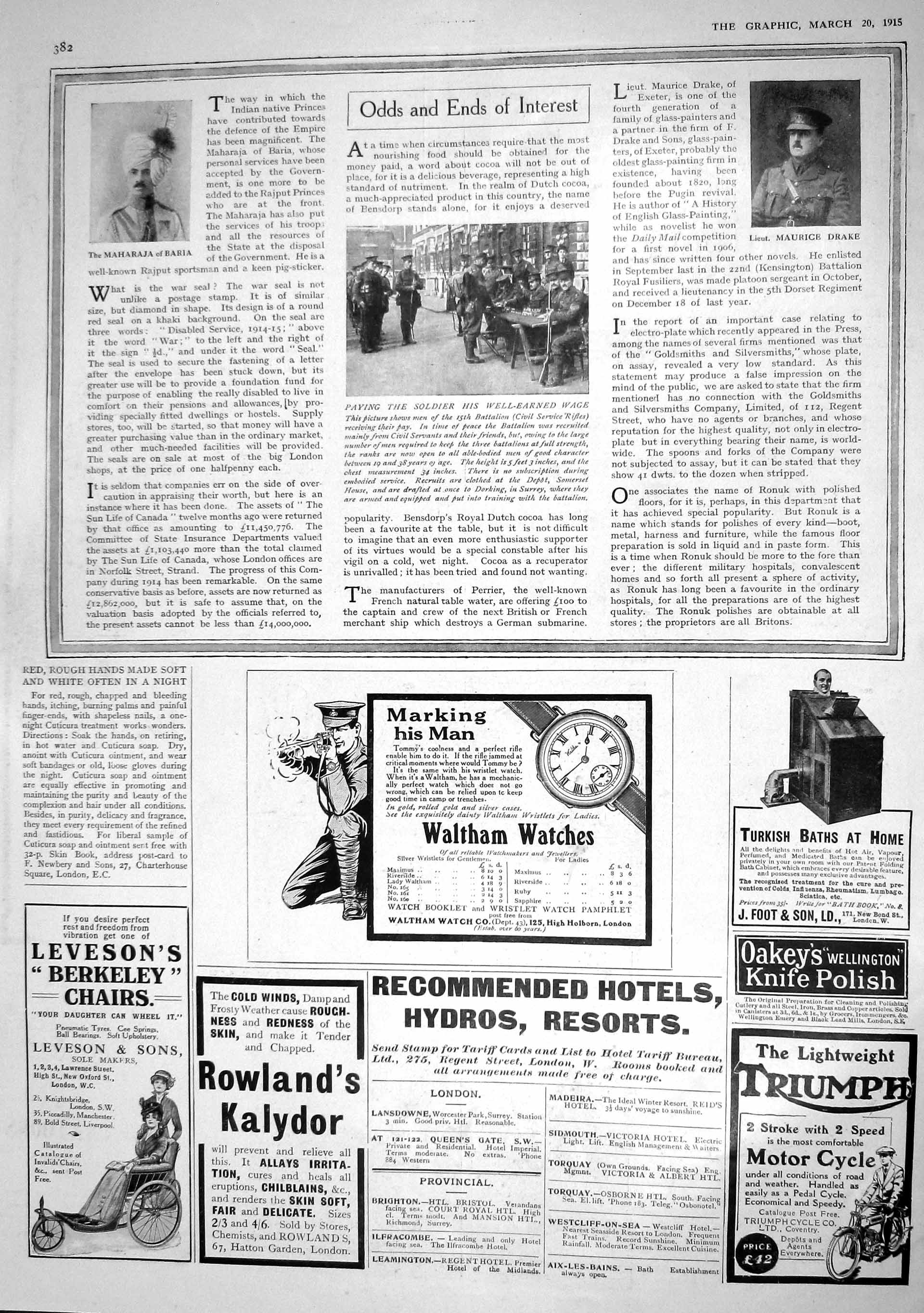 Original Old Antique Print 1915 War Siers Pay Wage Civil Service Rifles Waltham