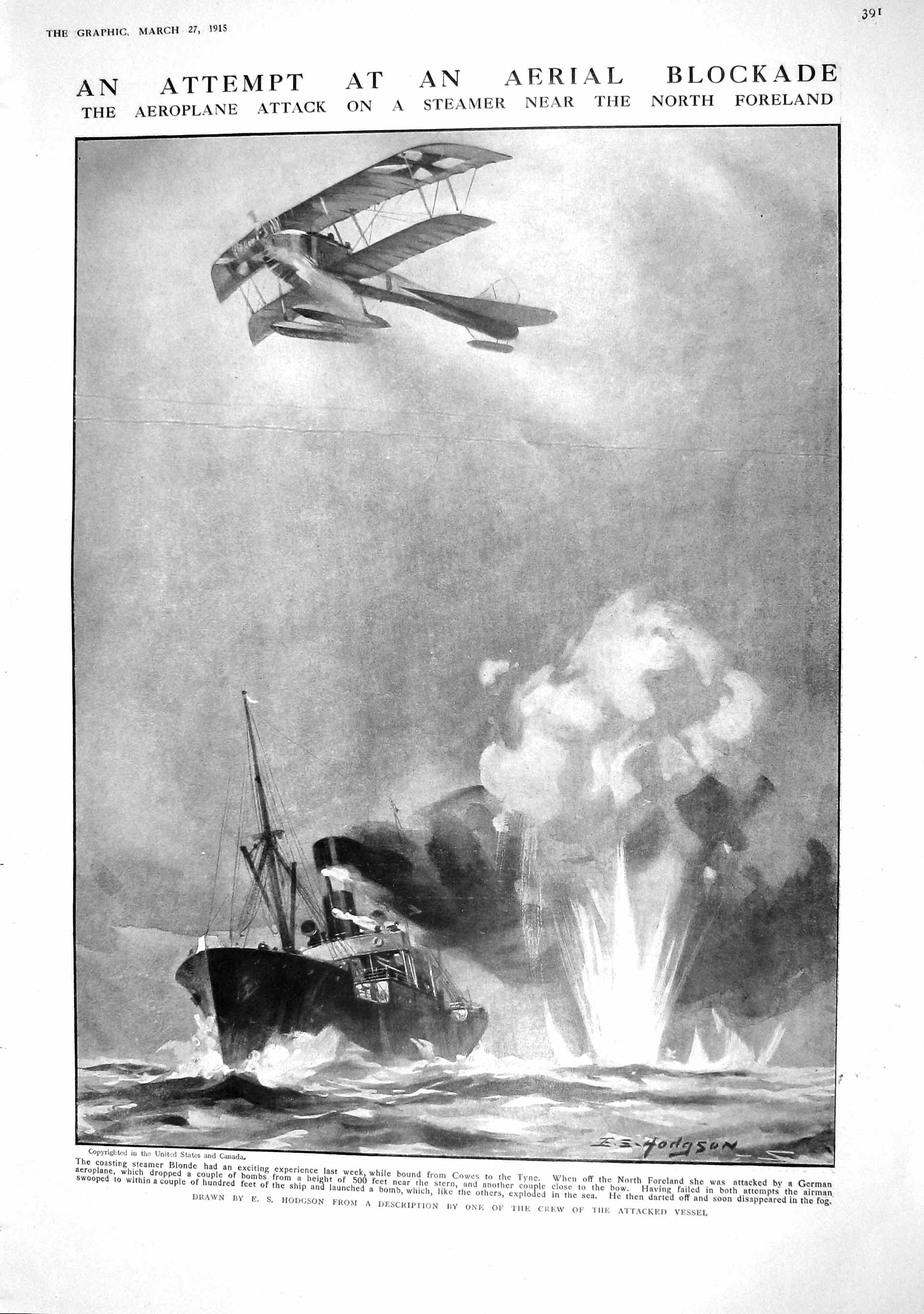 Old Antique Print 1915 Aeroplane Attack War Steamer Ship Blonde Zeppelins 20th