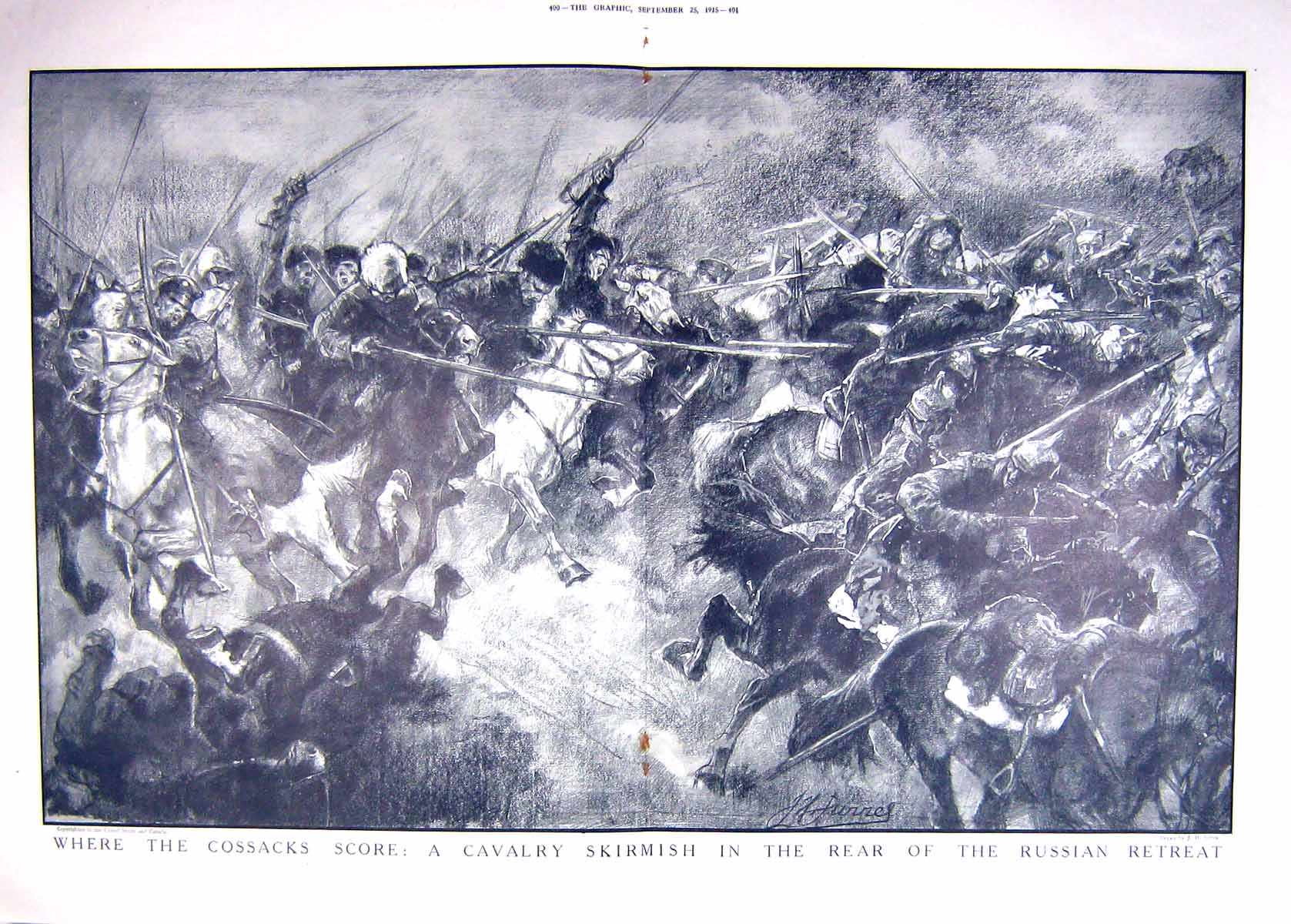 Antique Old Print 1915 Cossacks War Cavalry Skirmish Russian Retreat Army 20th
