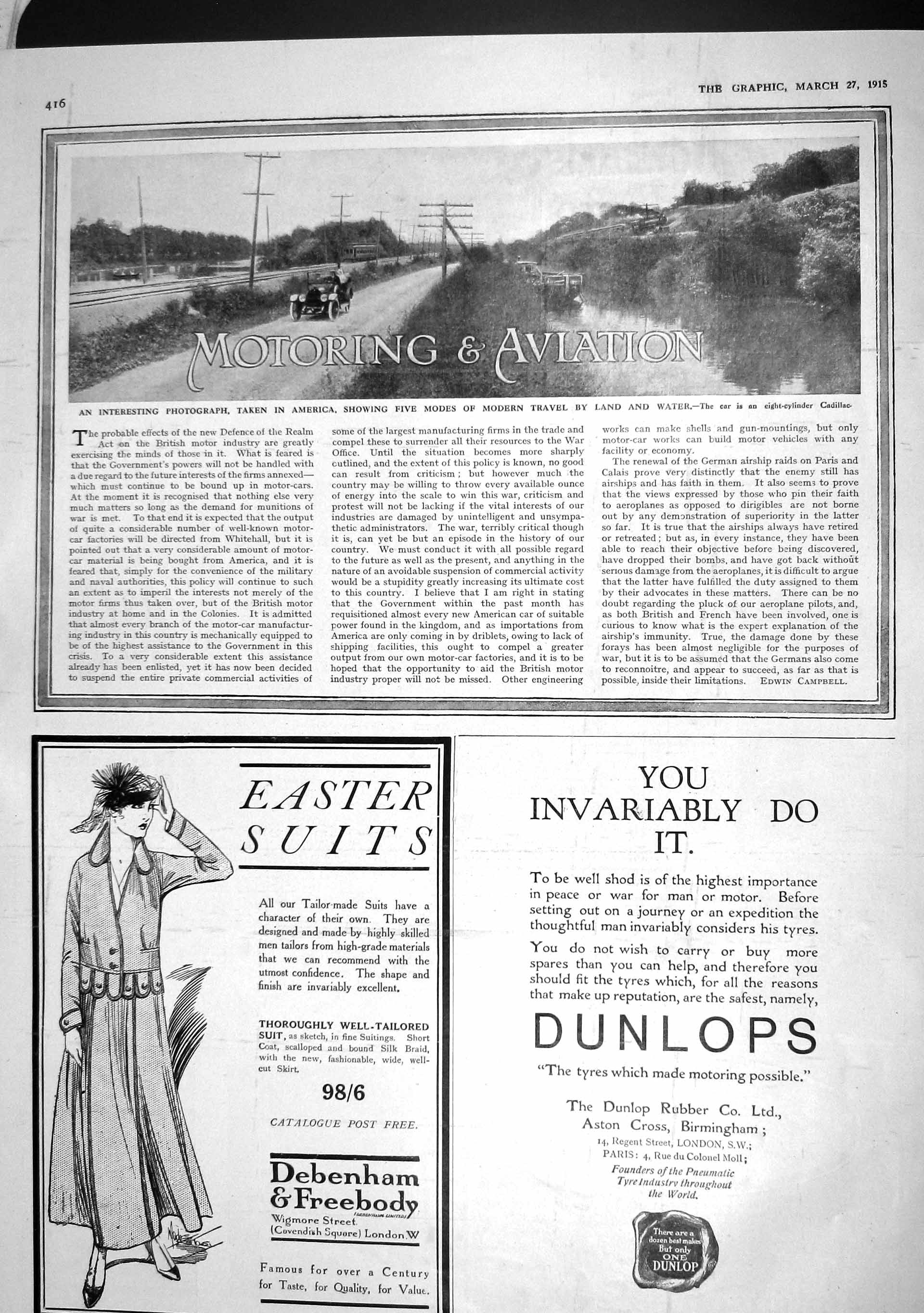 Original Old Antique Print 1915 America Transport Cadilac Motor Car River Boat