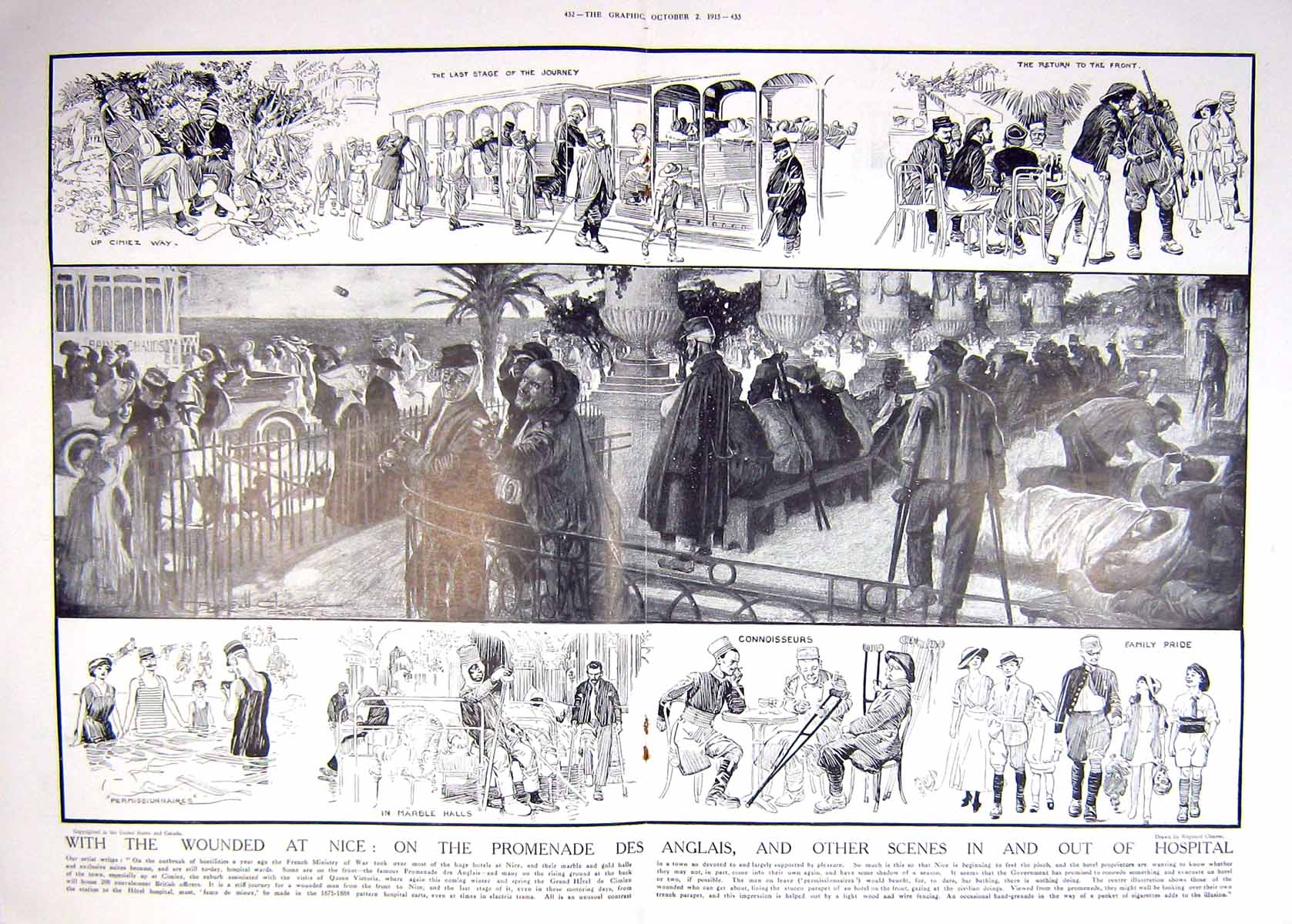 Old Antique Print 1915 Nice France Promenade Anglais Hospital Transport 20th