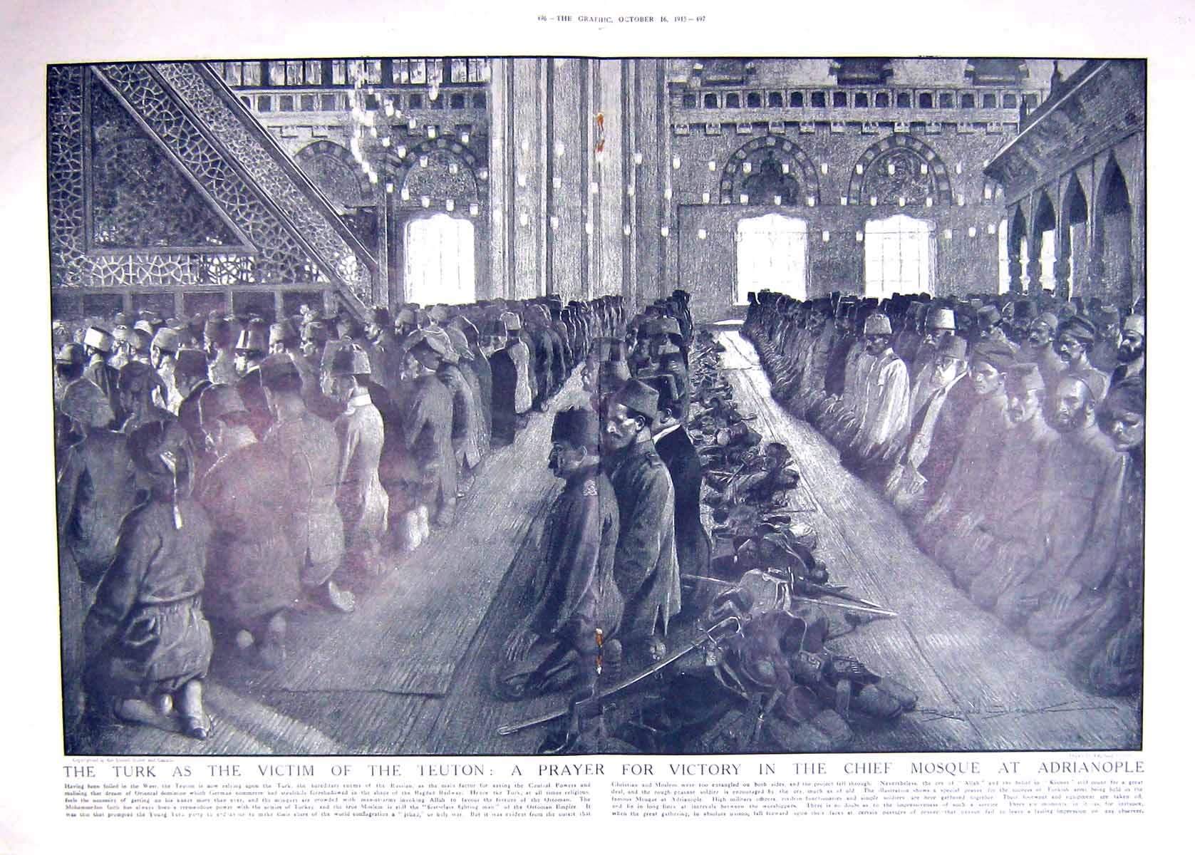 Old Antique Print 1915 Prayer Victory Chief Mosque Adrianople War Teuton 20th