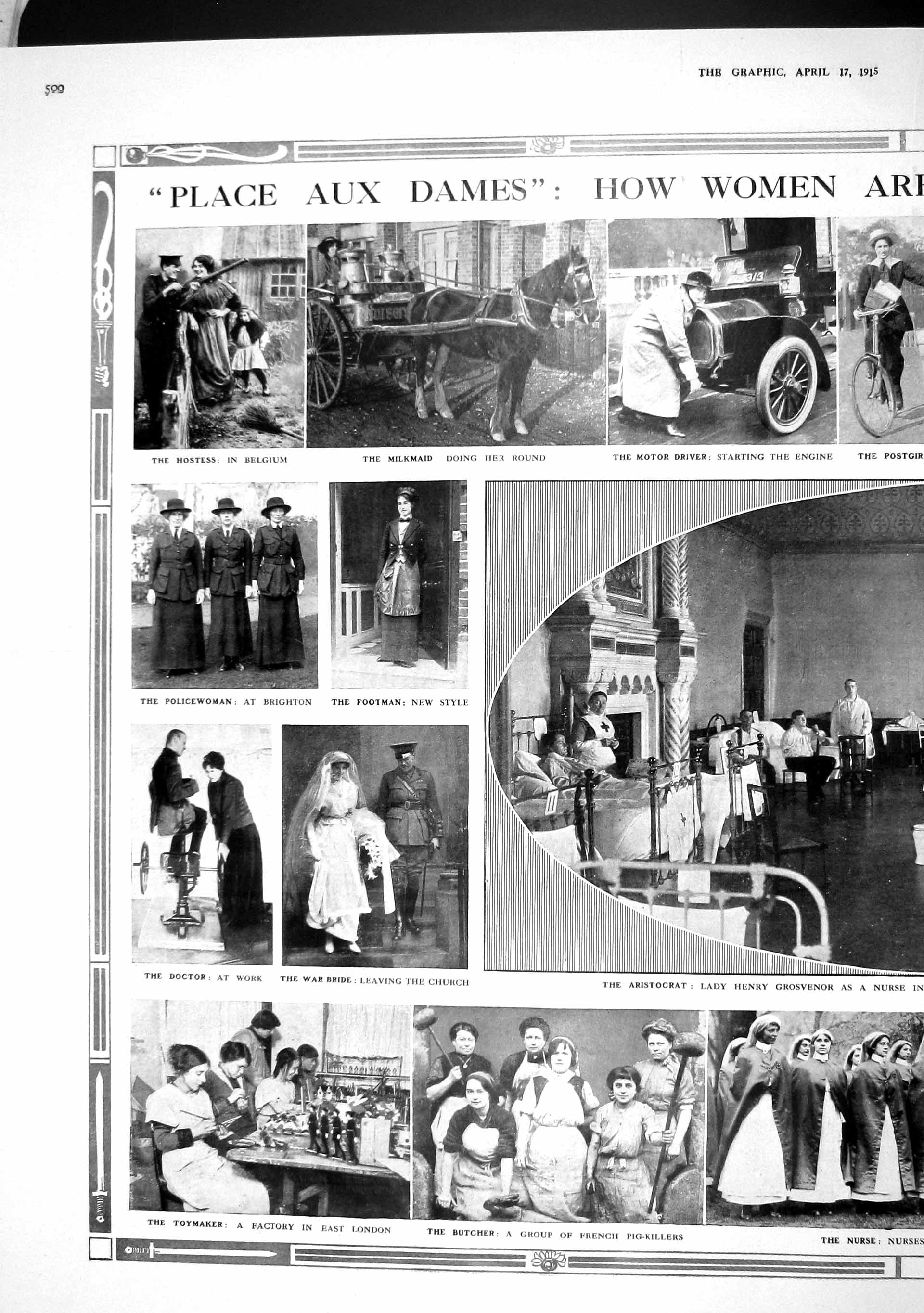 Old Antique Print 1915 Women Workers War Grosvenor Nurse Butcher Police 20th