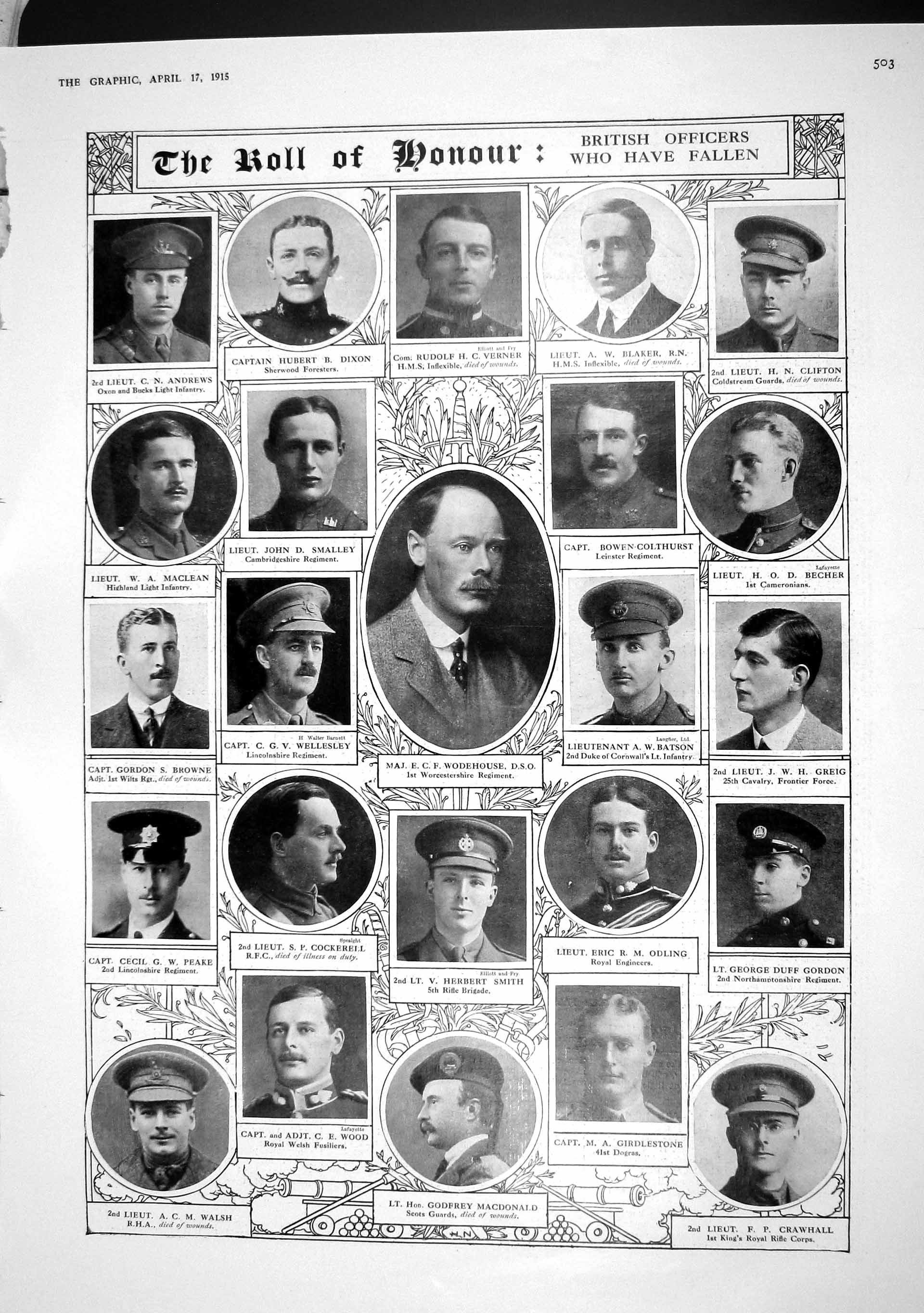 Old Antique Print 1915 War Roll Honour Verner Wodehouse Smith Odling Wood 20th